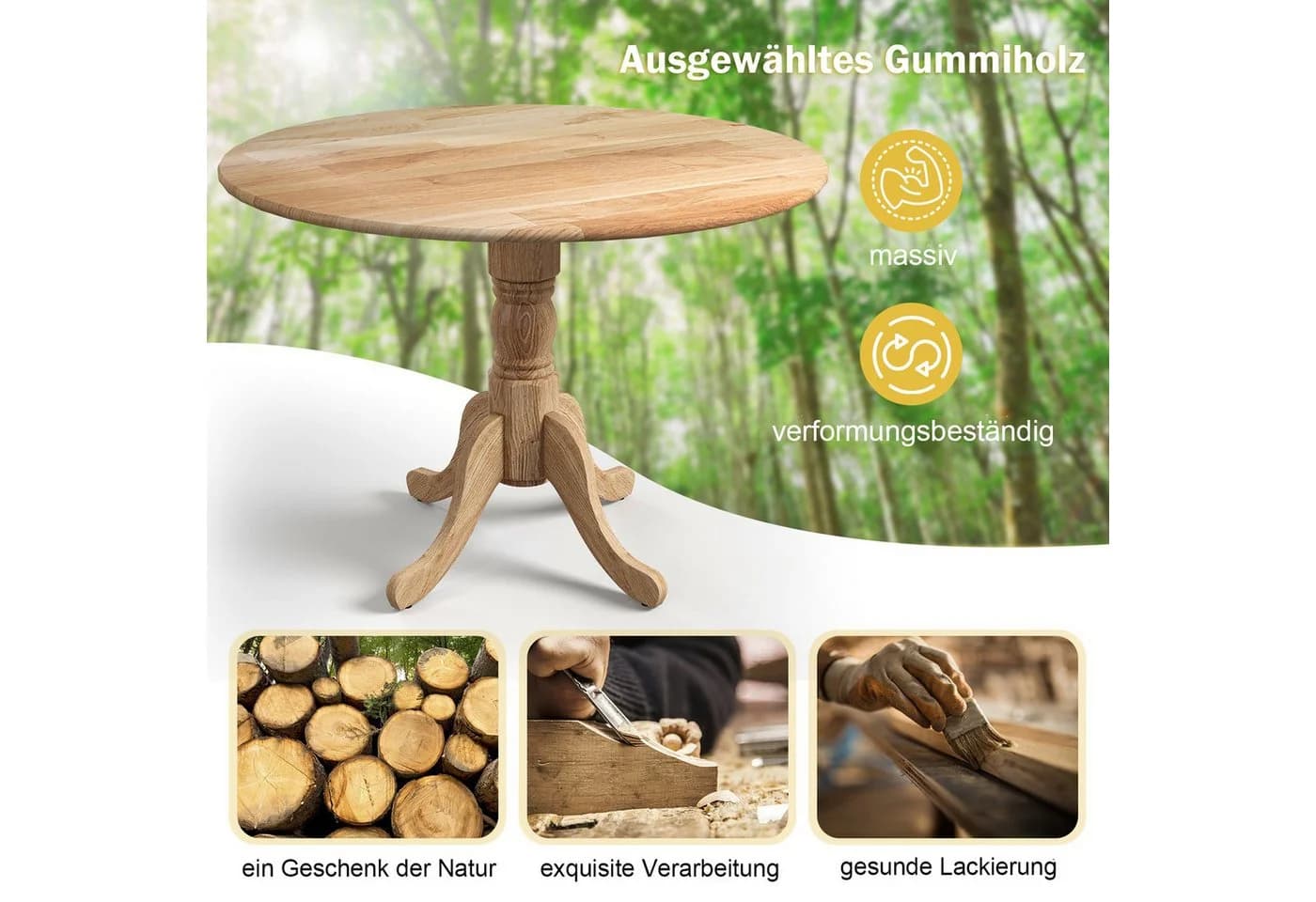KOMFOTTEU Esstisch 4-Personen Rundtisch Massivholz - Bild 4