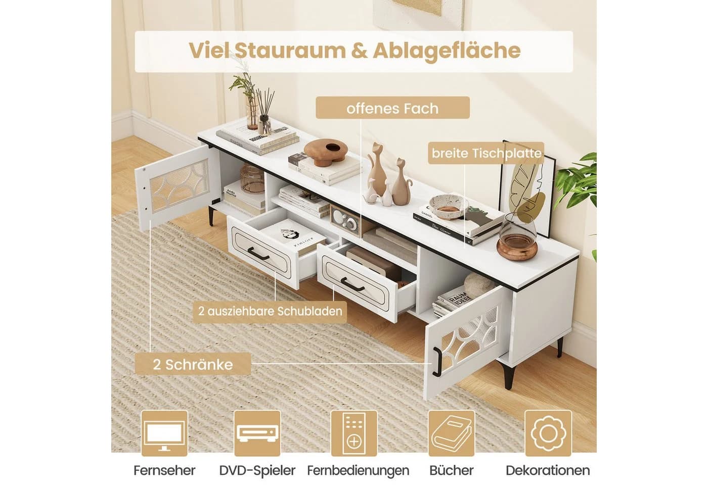 COSTWAY TV-Schrank Holz, Lowboard mit 2 Schubladen & Stauraum, 180,5 cm - Bild 3