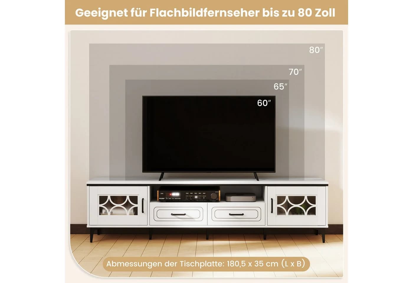 COSTWAY TV-Schrank Holz, Lowboard mit 2 Schubladen & Stauraum, 180,5 cm - Bild 4