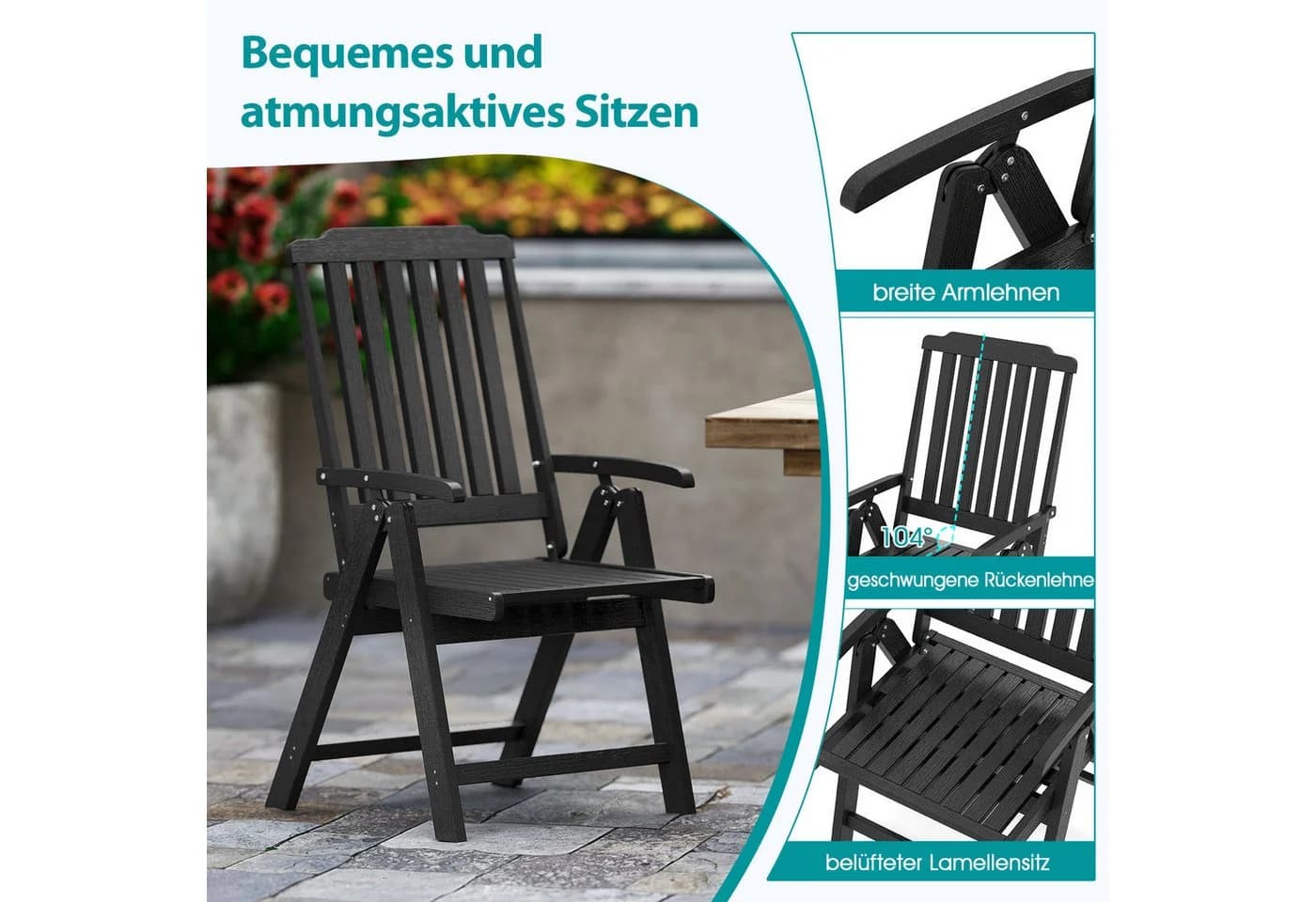 COSTWAY Klappstuhl Gartenstuhl Schwarz HDPE Edelstahl - Bild 5