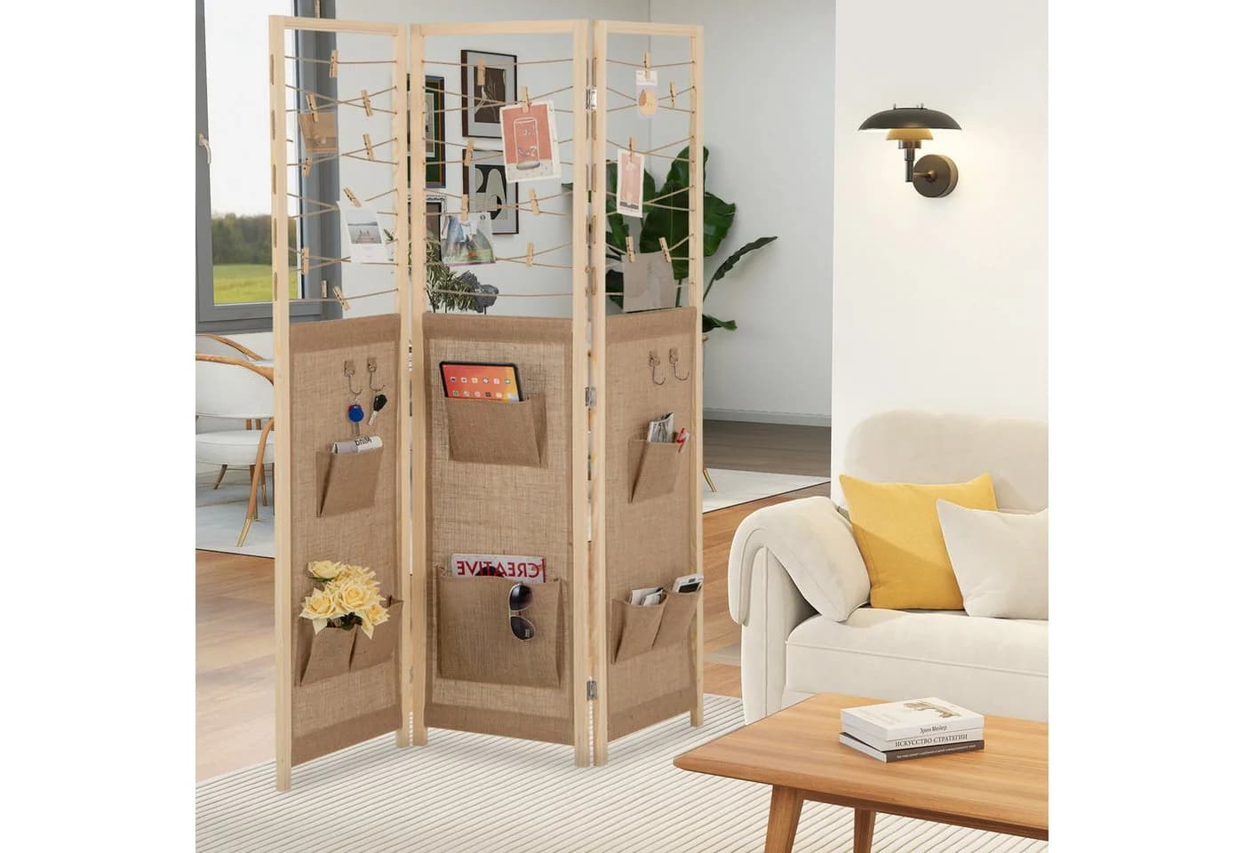 COSTWAY 3-teiliger Raumteiler Holz Jute Natur