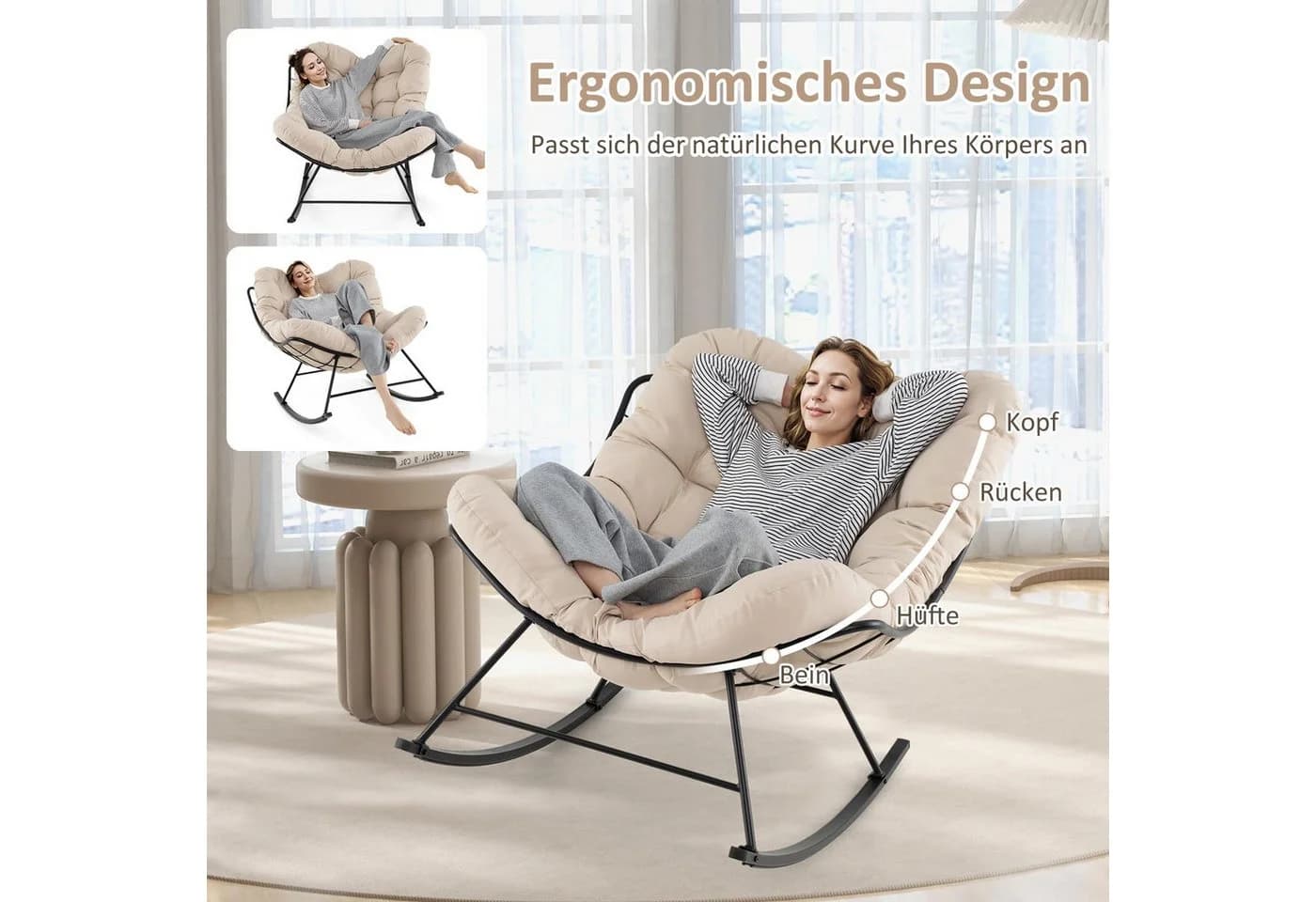COSTWAY Schaukelsessel Beige Schwarz Metall PP-Faser - Bild 3