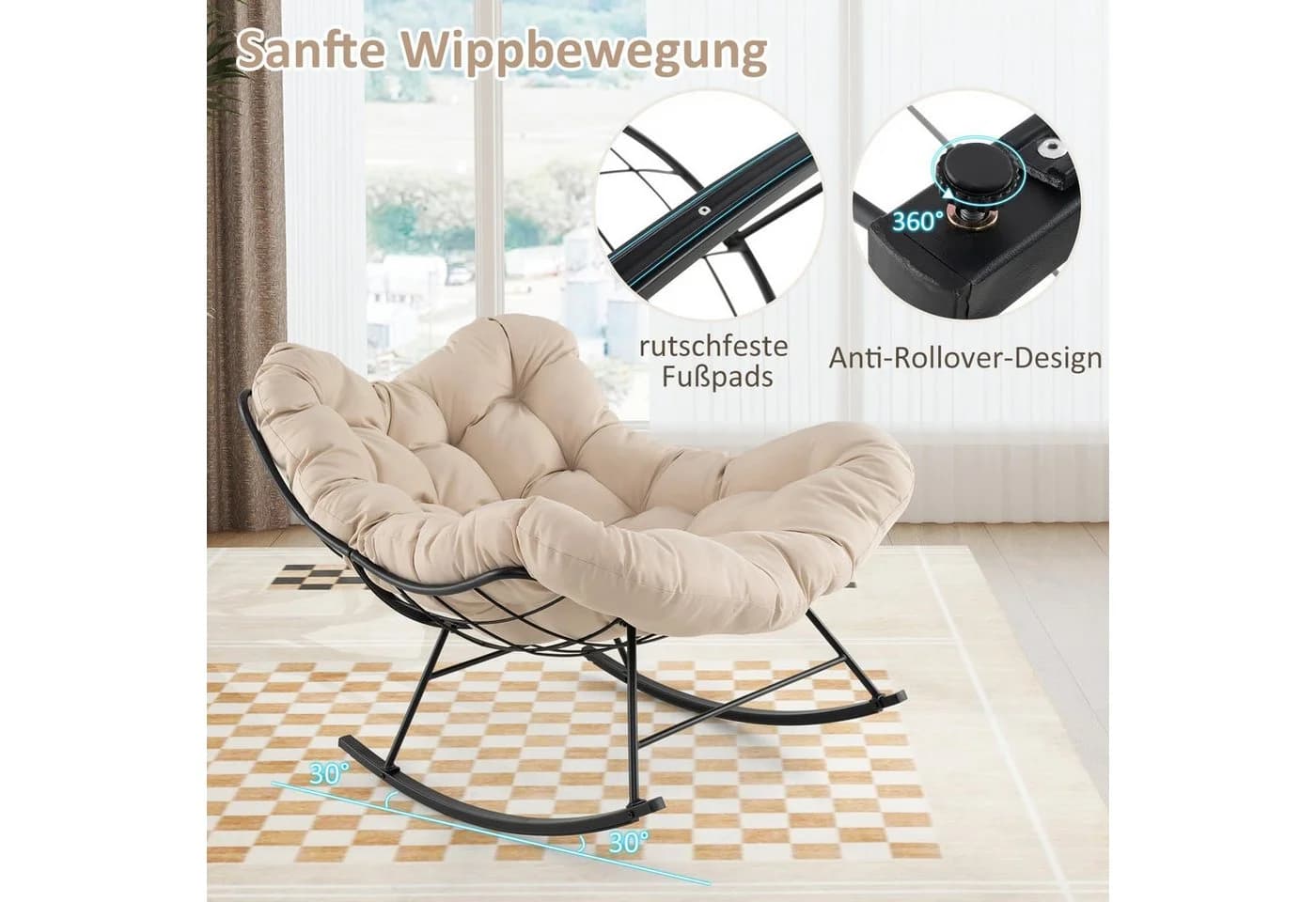 COSTWAY Schaukelsessel Beige Schwarz Metall PP-Faser - Bild 5