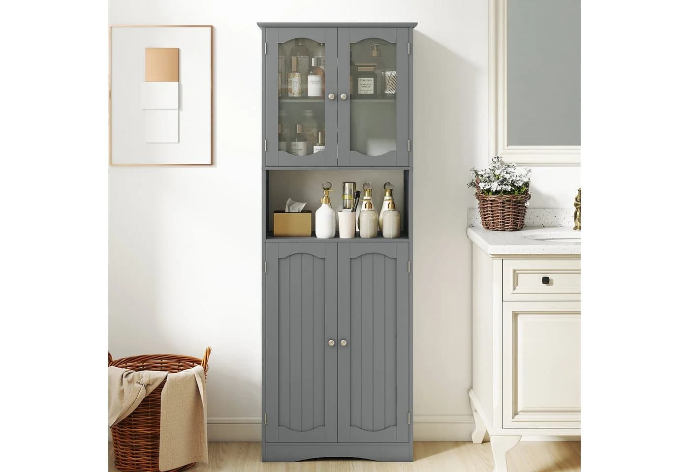 COSTWAY Hochschrank Küche & Bad 4 Türen Weiß mit Glas