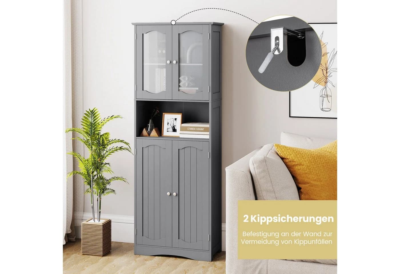 COSTWAY Hochschrank Küche & Bad 4 Türen Weiß mit Glas - Bild 4