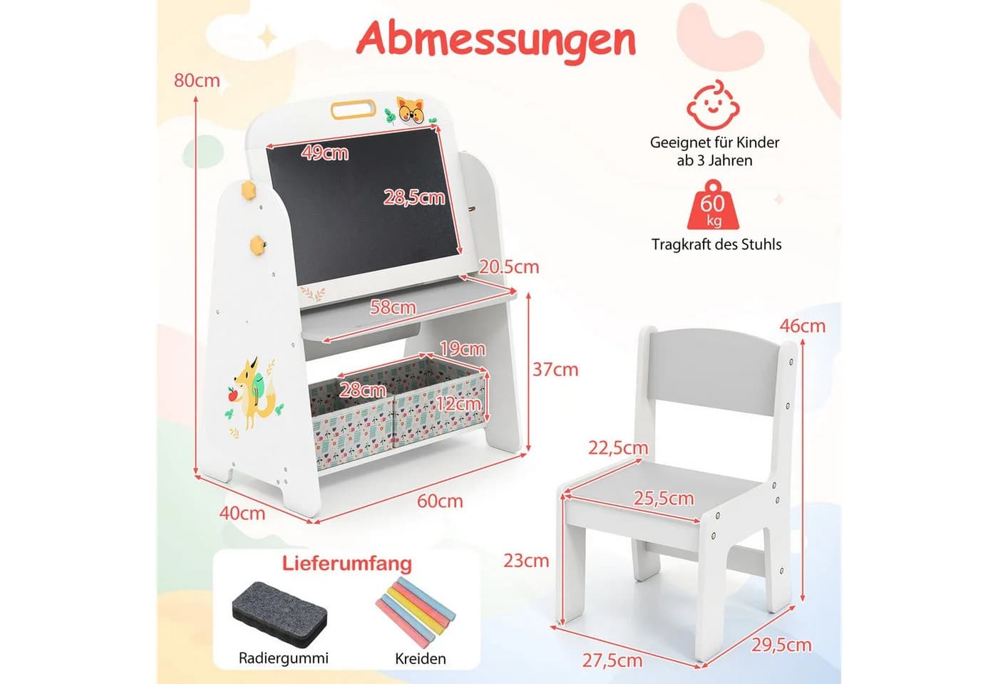 COSTWAY Kindersitzgruppe 2-tlg. Weiß/Gelb mit Staffelei - Bild 4