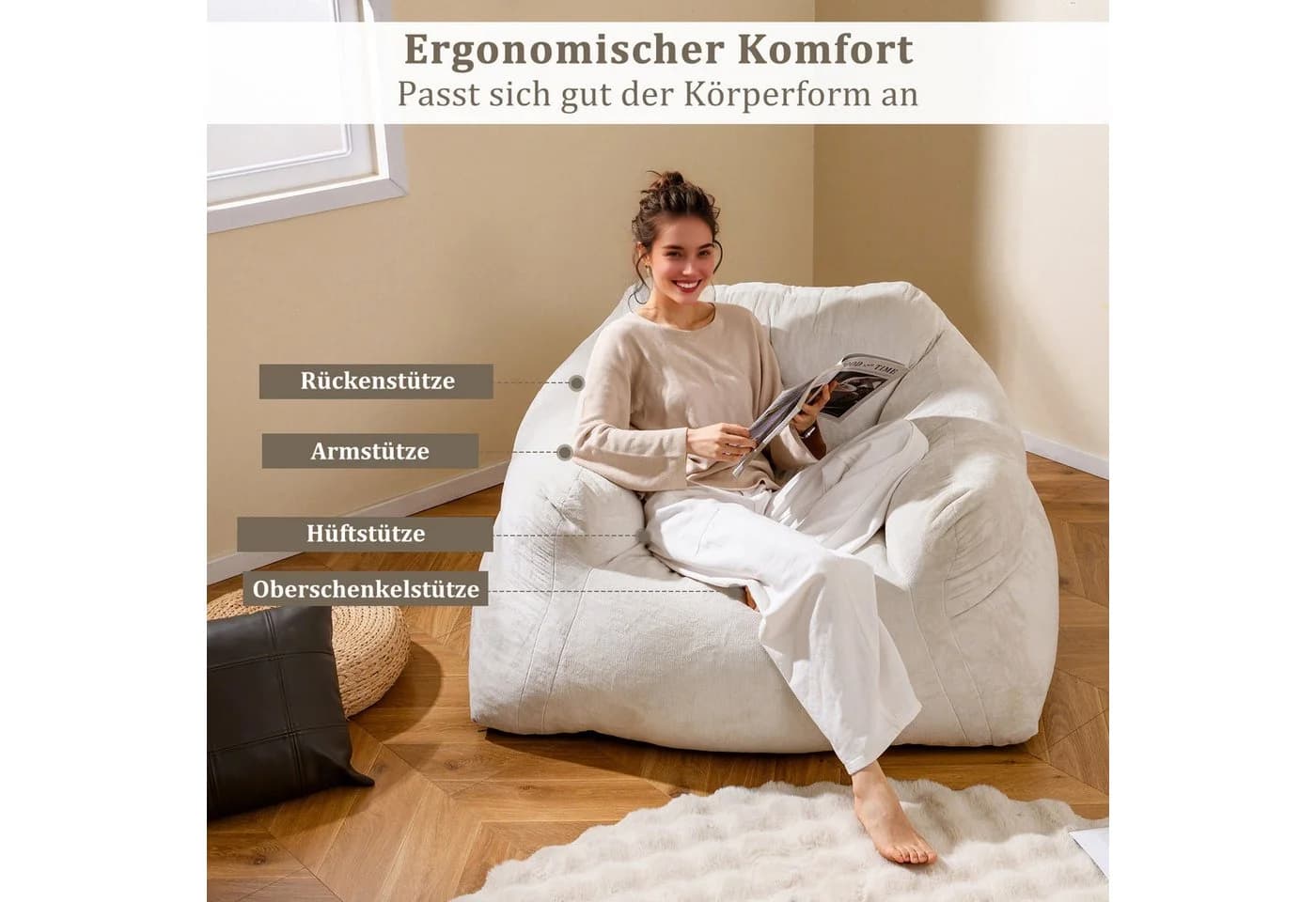 COSTWAY Sitzsack Beige Samt mit rutschfestem Boden