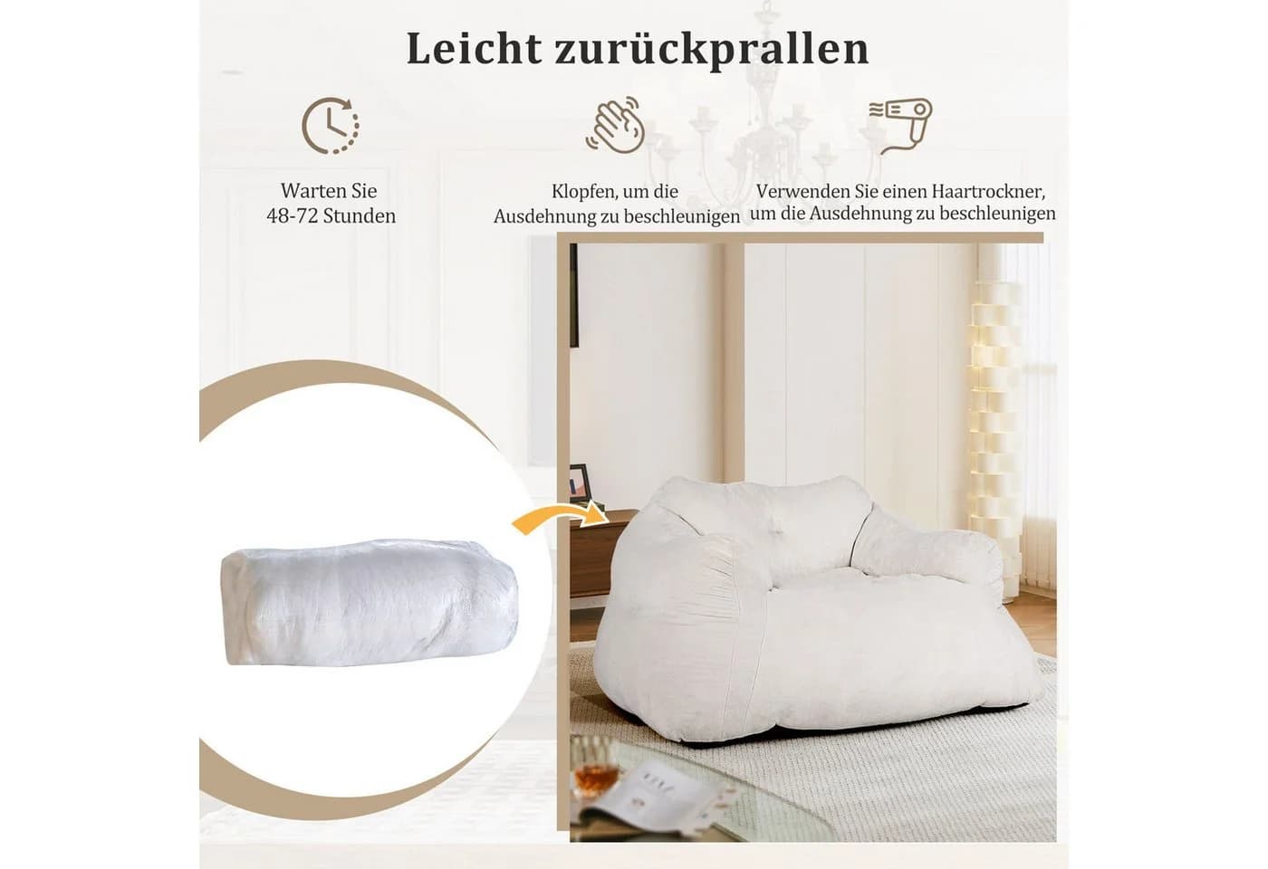 COSTWAY Sitzsack Beige Samt mit rutschfestem Boden - Bild 3
