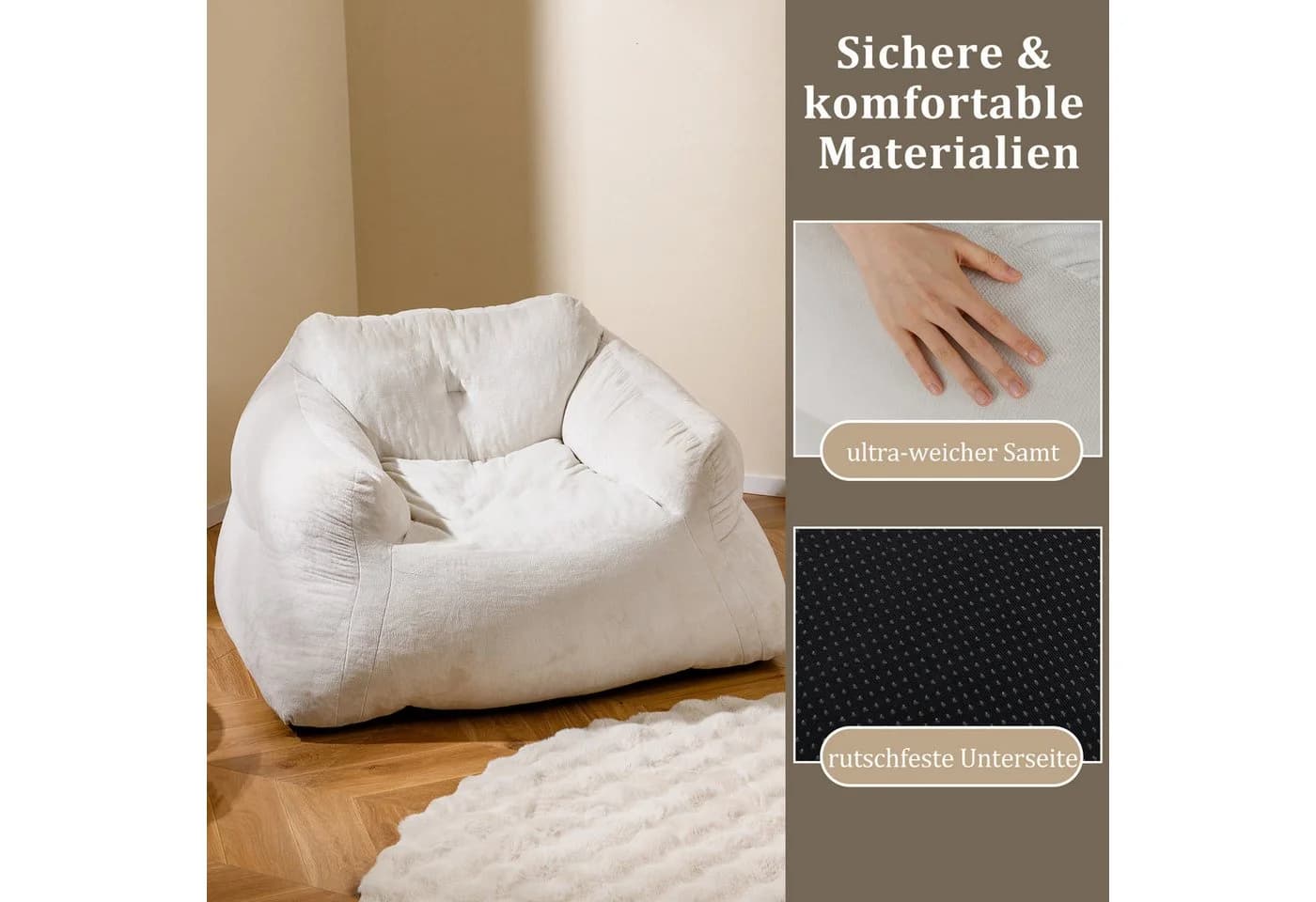 COSTWAY Sitzsack Beige Samt mit rutschfestem Boden - Bild 4
