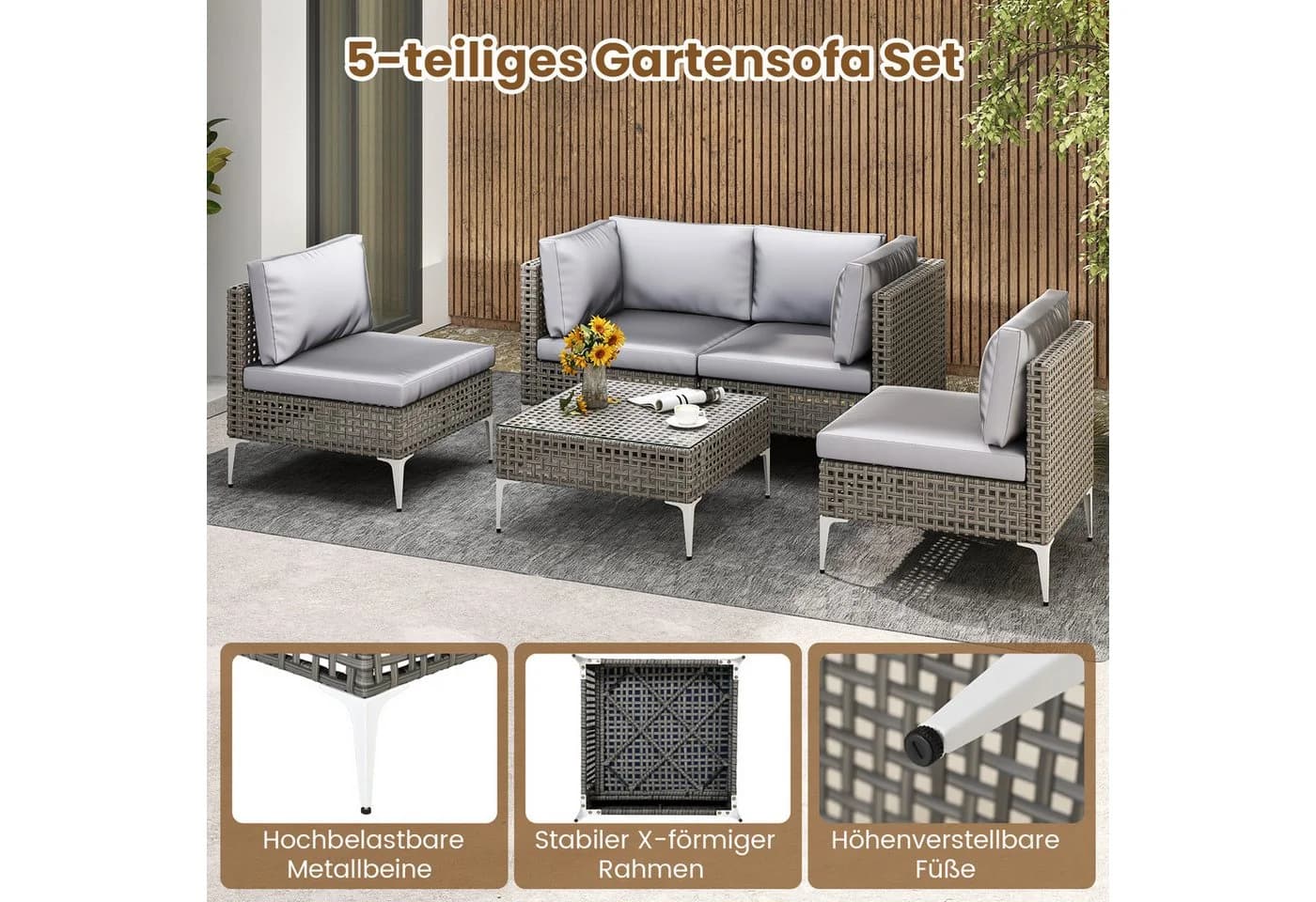 COSTWAY Gartenlounge-Set 5-tlg. Grau PE Rattan mit Kissen