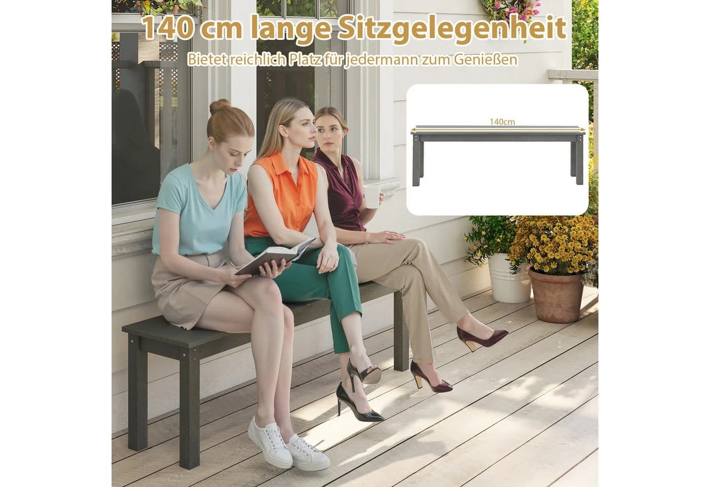 COSTWAY Gartenbank 140cm Grau HDPE wetterfest - Bild 3