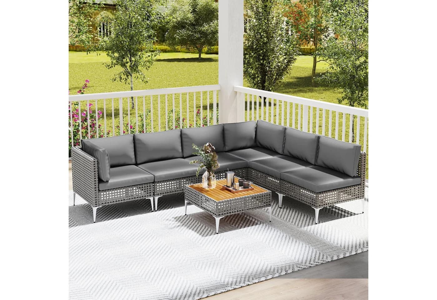 COSTWAY Gartenlounge-Set 7-tlg. Grau PE-Rattan & Akazie mit Kissen