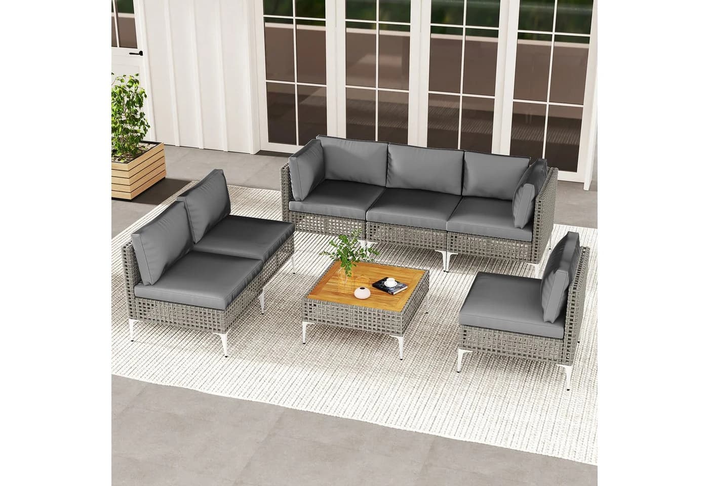 COSTWAY Gartenlounge-Set 7-tlg. Grau PE-Rattan & Akazie mit Kissen - Bild 2