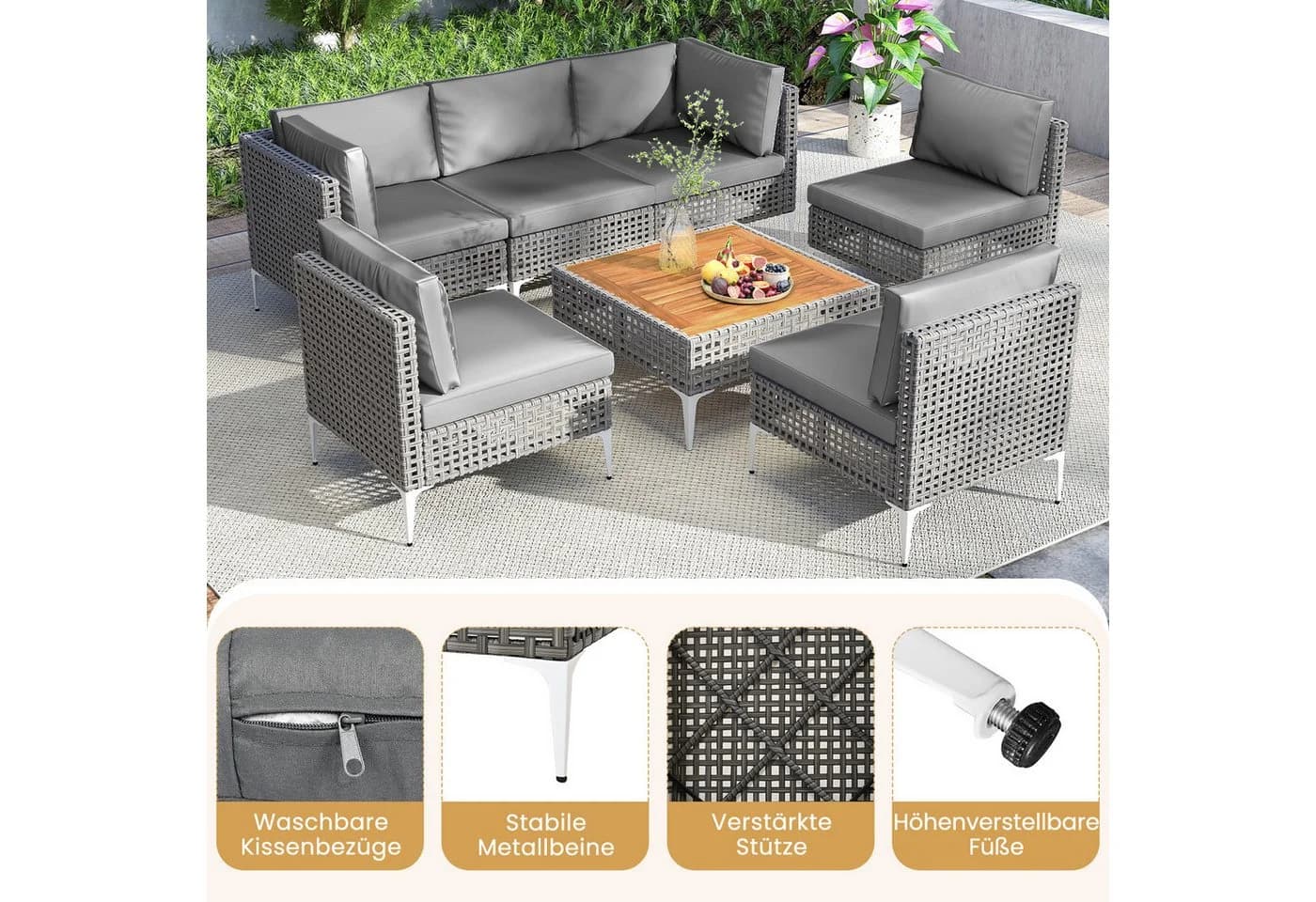 COSTWAY Gartenlounge-Set 7-tlg. Grau PE-Rattan & Akazie mit Kissen - Bild 4
