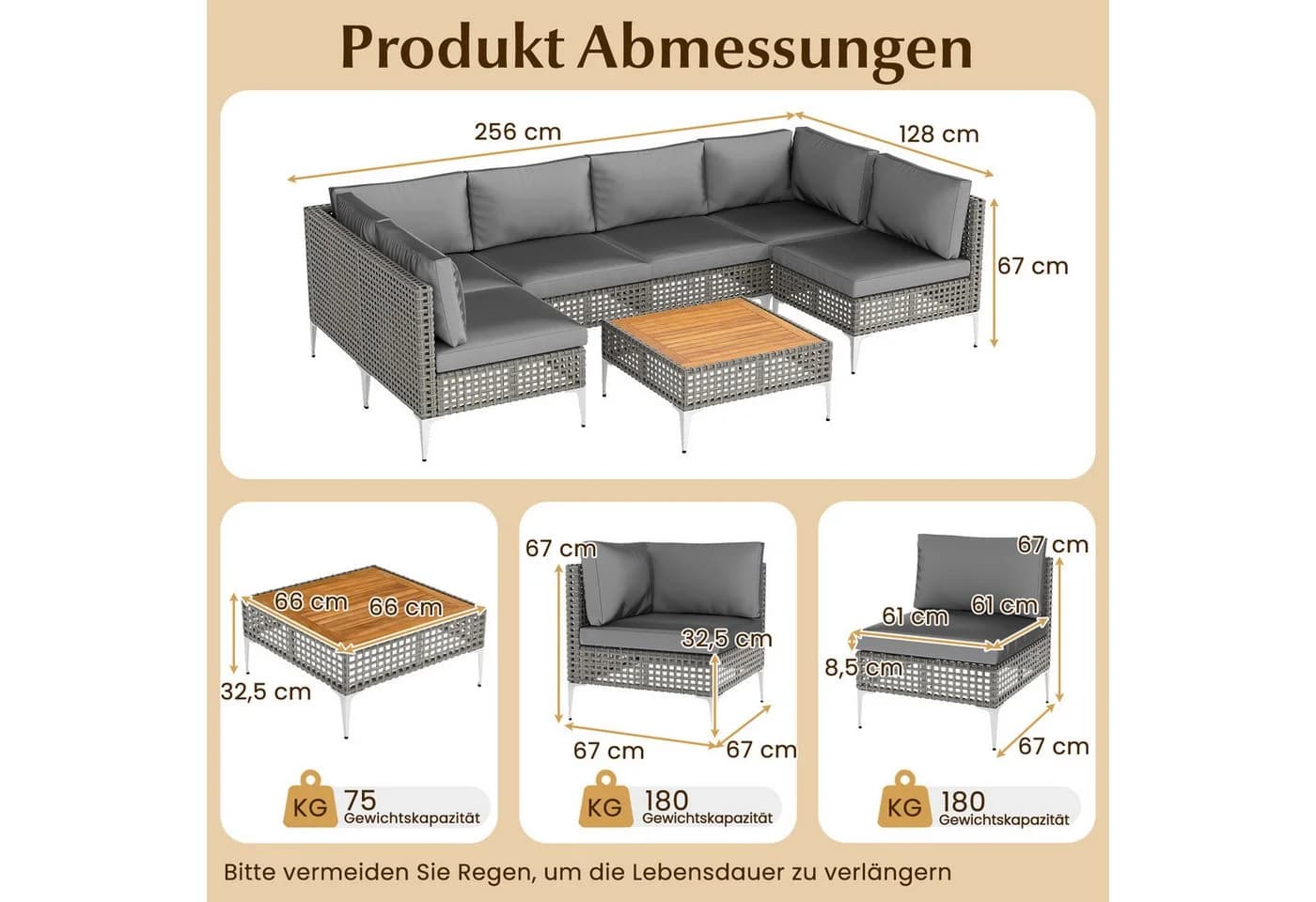 COSTWAY Gartenlounge-Set 7-tlg. Grau PE-Rattan & Akazie mit Kissen - Bild 5