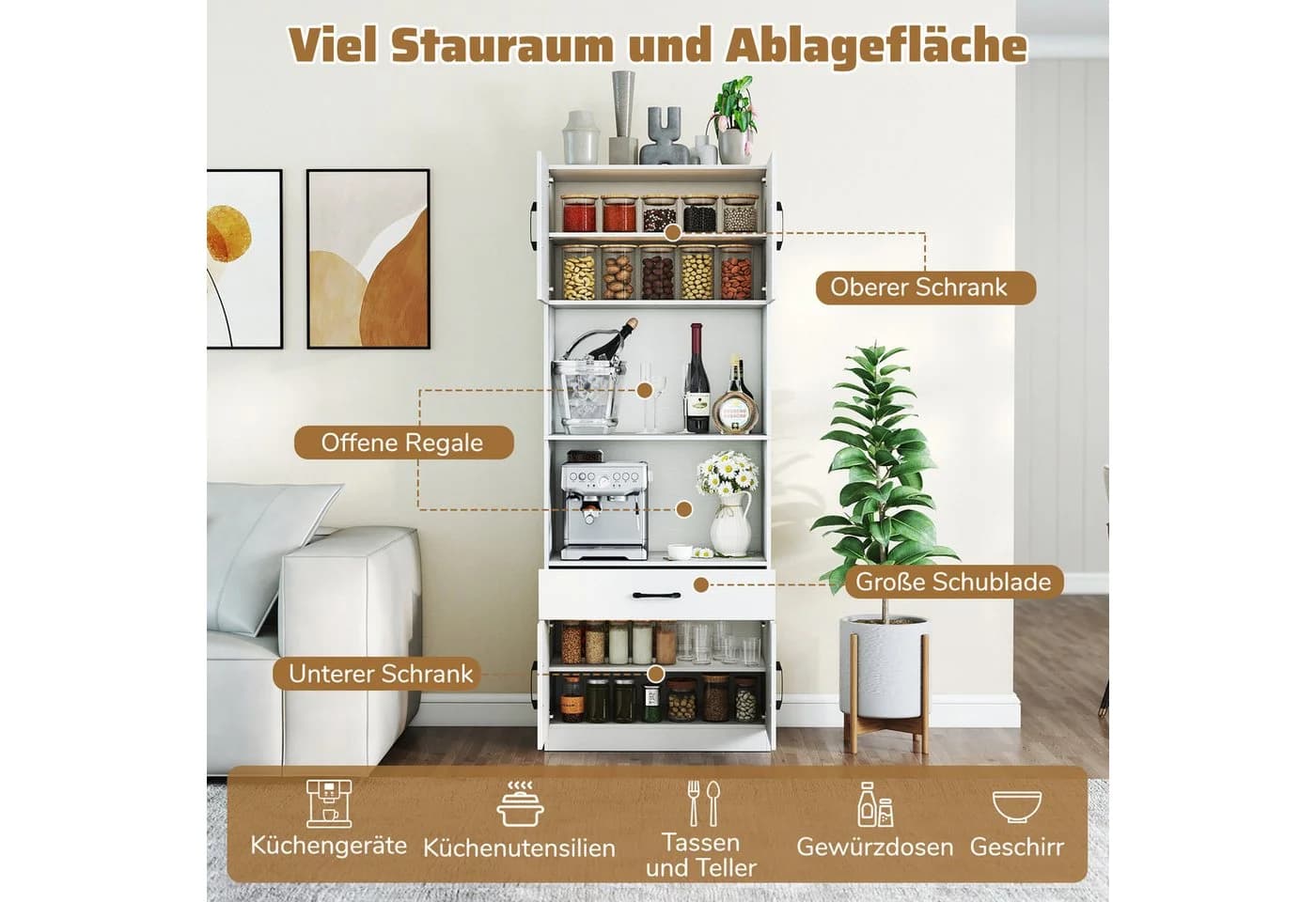 COSTWAY Küchenbuffet mit Ladestation Weiß - Bild 3