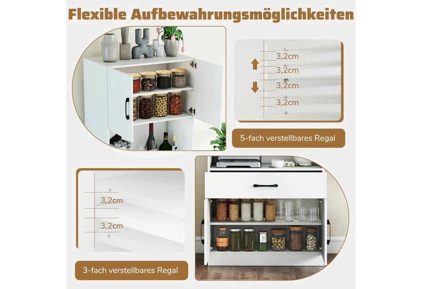 COSTWAY Küchenbuffet mit Ladestation Weiß - Bild 4