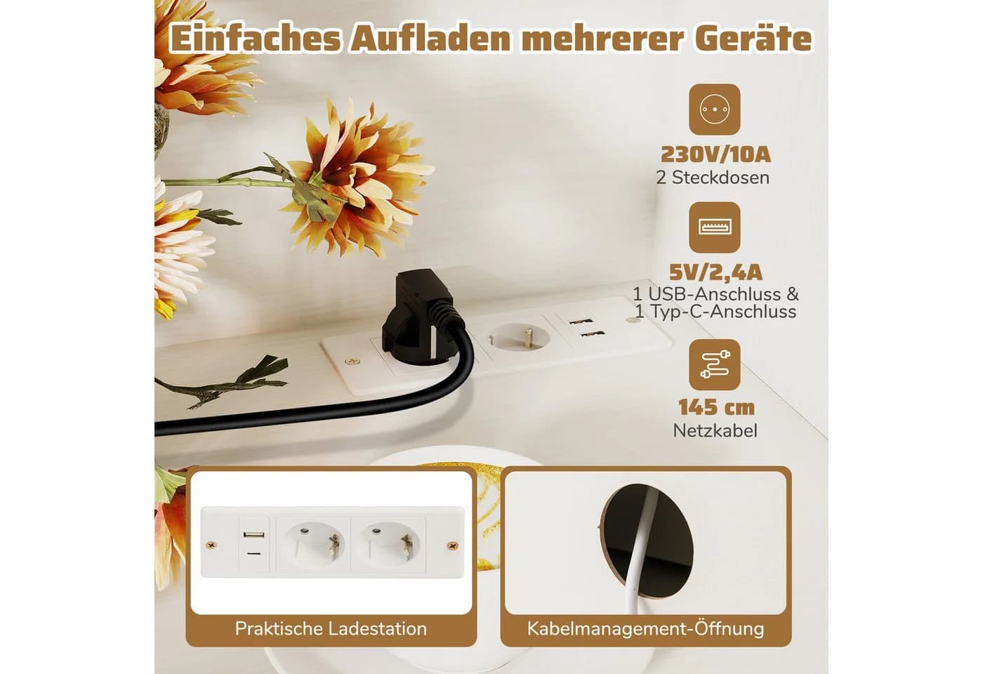 COSTWAY Küchenbuffet mit Ladestation Weiß - Bild 5