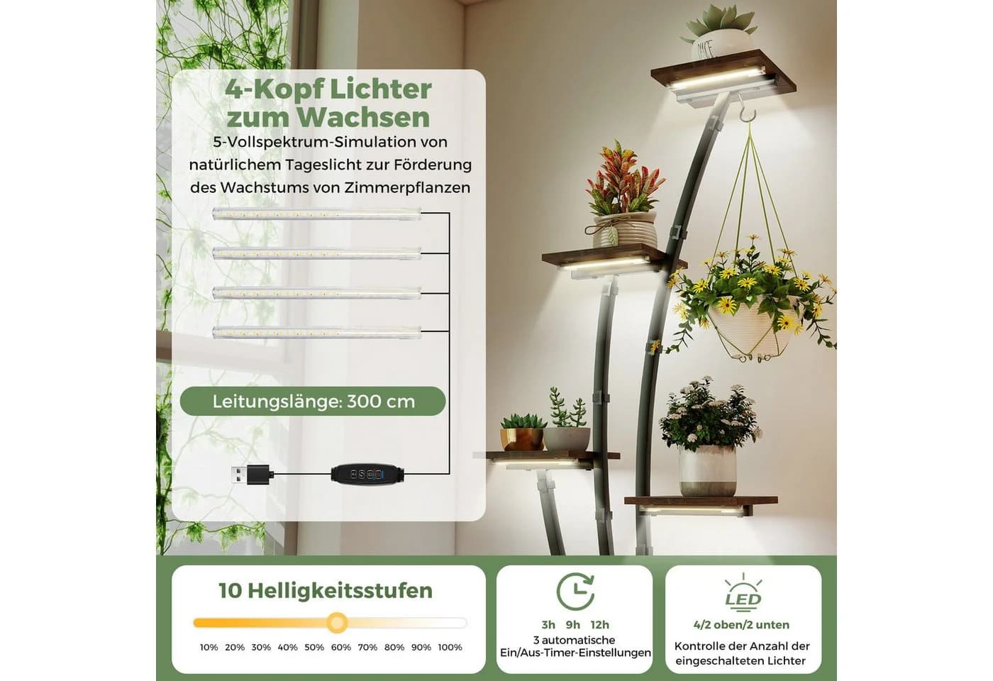 COSTWAY Pflanzenständer mit Wachstumslichtern Metall 156 cm - Bild 3