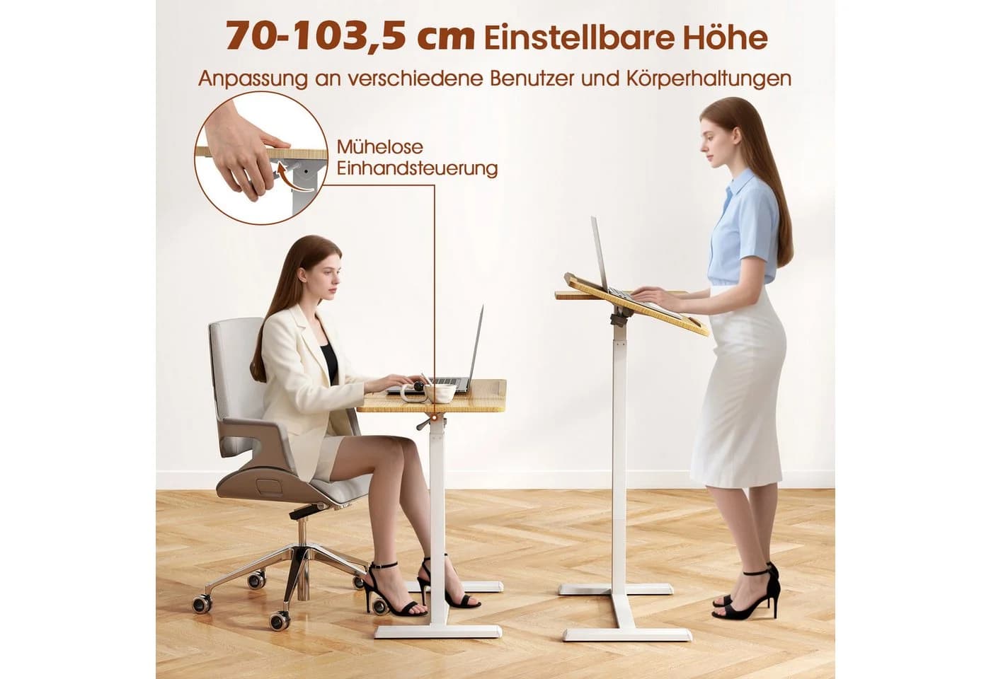 COSTWAY Laptoptisch auf Rollen, höhenverstellbarer Betttisch mit kippbarer Tischplatte - Bild 4