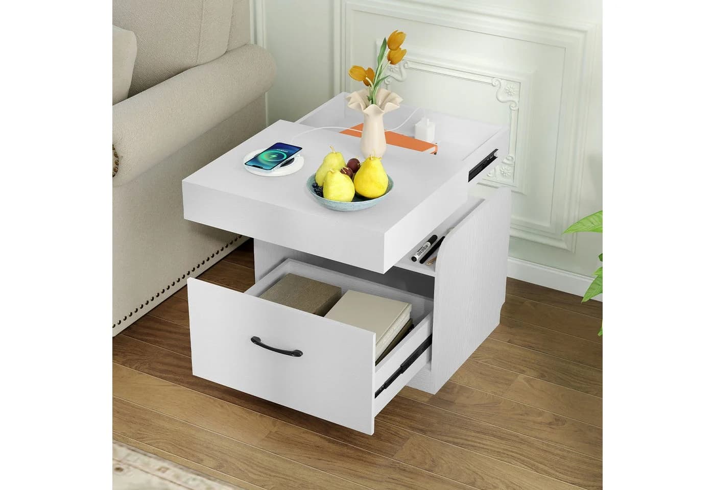 COSTWAY Nachttisch mit Ladestation, Schublade & USB-Port