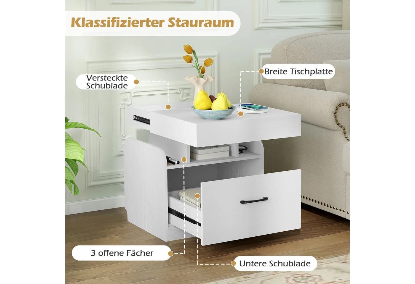COSTWAY Nachttisch mit Ladestation, Schublade & USB-Port - Bild 3