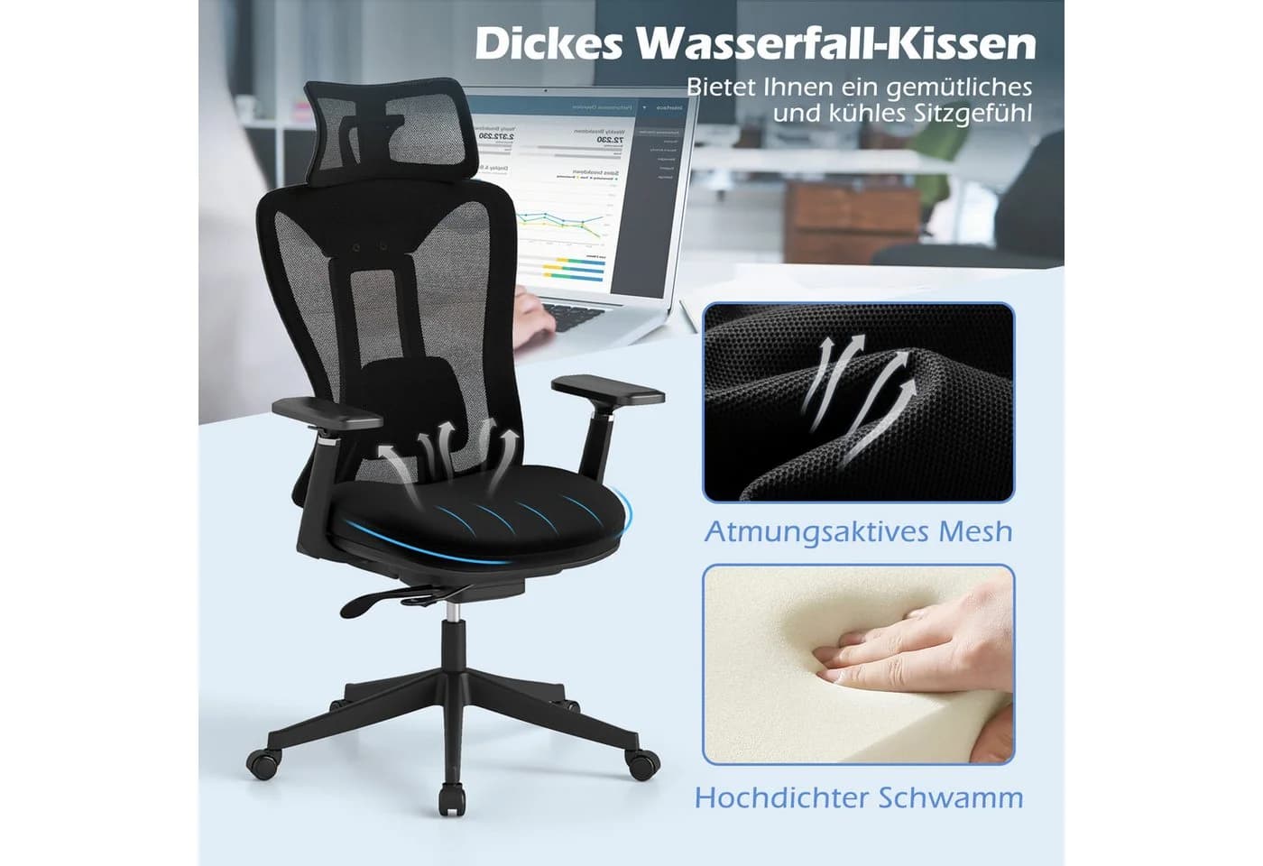 COSTWAY Bürostuhl Ergonomisch Schwarz 150 kg - Bild 3