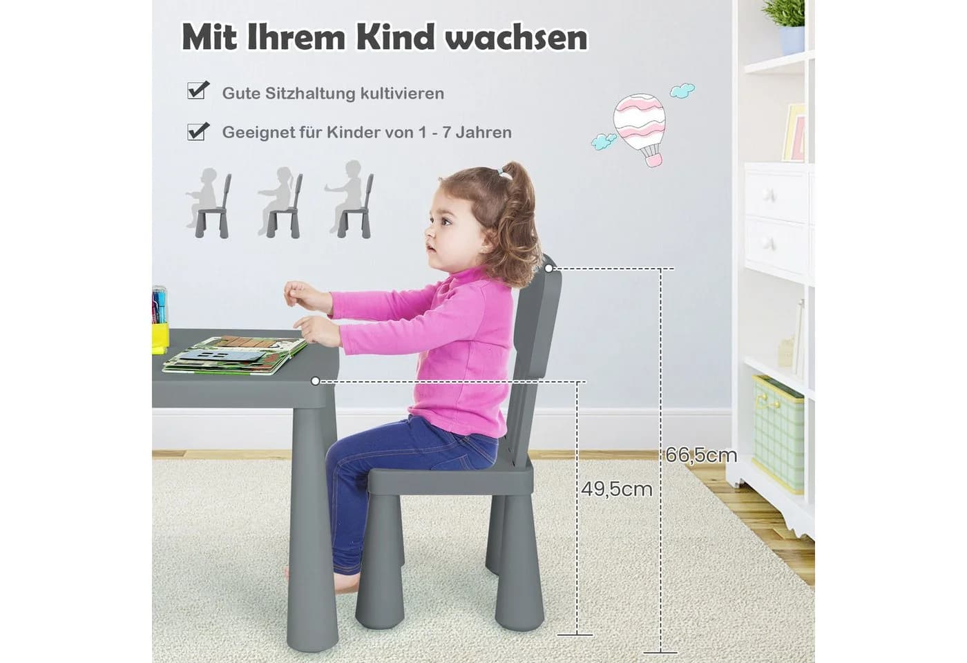 COSTWAY Kindertisch Set 3 TLG. Grau PP - Bild 3