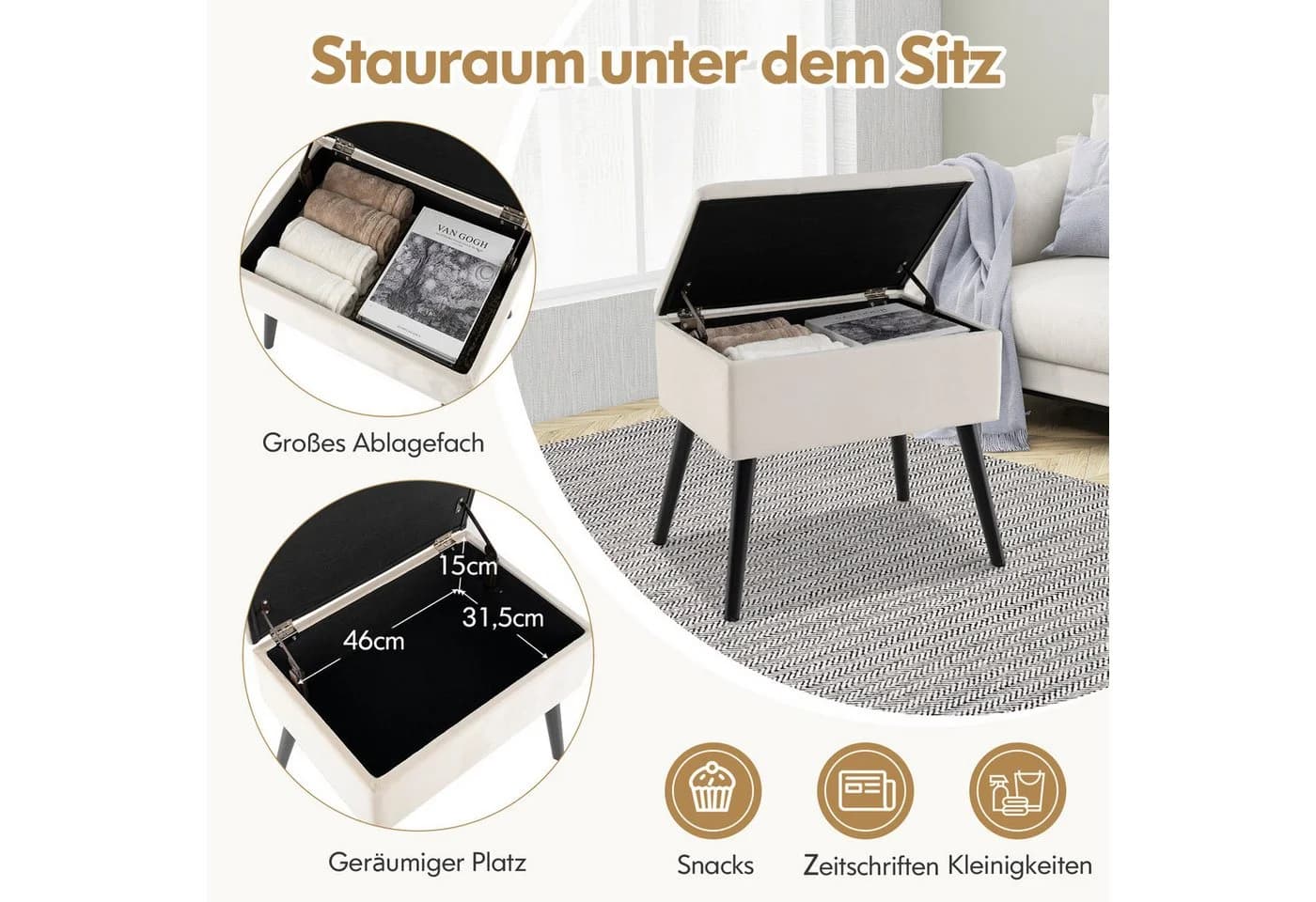 Truhenbank, Schminkhocker aus Holz, Samt und Schaumstoff - Bild 4