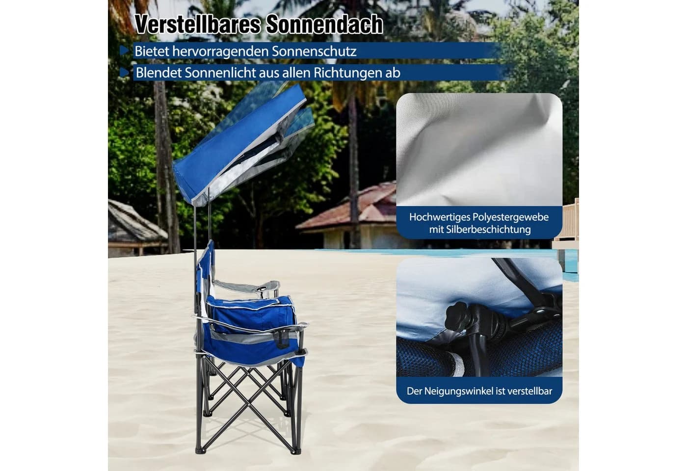 COSTWAY Doppelstrandstuhl Klappstuhl mit Sonnenschutz blau - Bild 4
