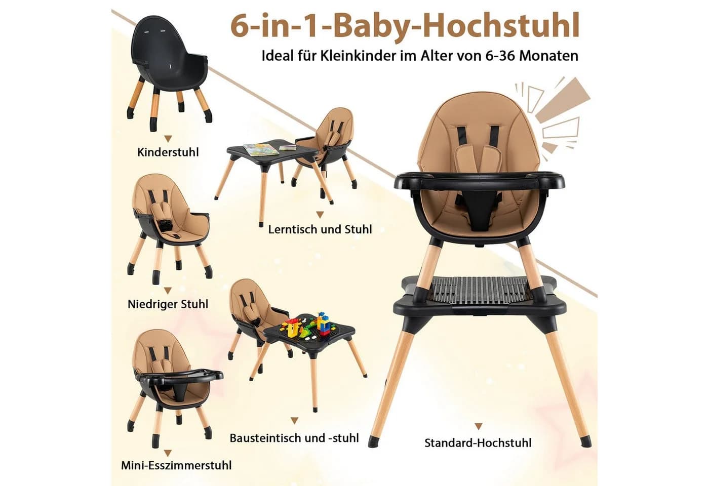 COSTWAY Hochstuhl 6-in-1 Kombihochstuhl mit Doppeltablett
