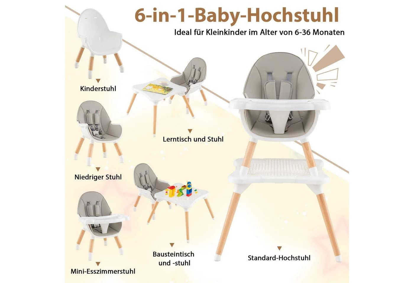 COSTWAY 6-in-1 Babyhochstuhl Kombihochstuhl Babystuhl mit Doppeltablett