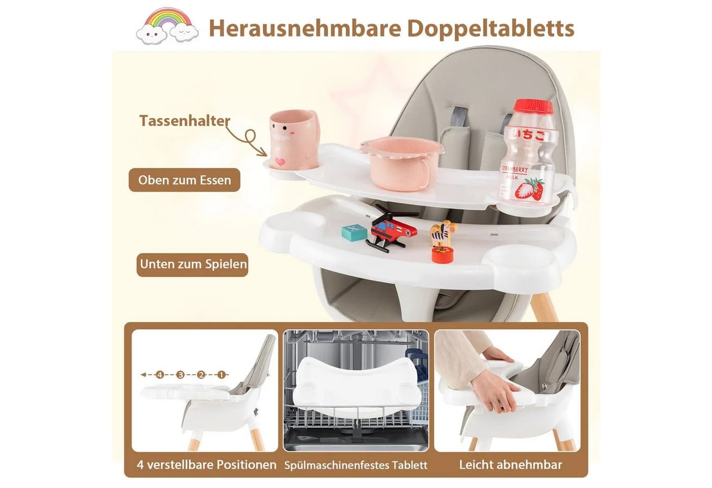 COSTWAY 6-in-1 Babyhochstuhl Kombihochstuhl Babystuhl mit Doppeltablett - Bild 5