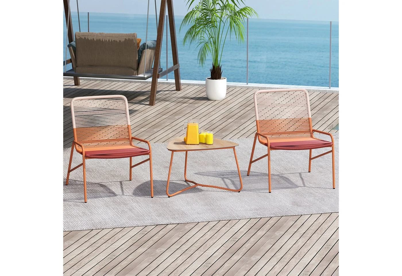 COSTWAY Balkonset 3-tlg. Rattan Gartenmöbel Orange mit Tisch - Bild 4