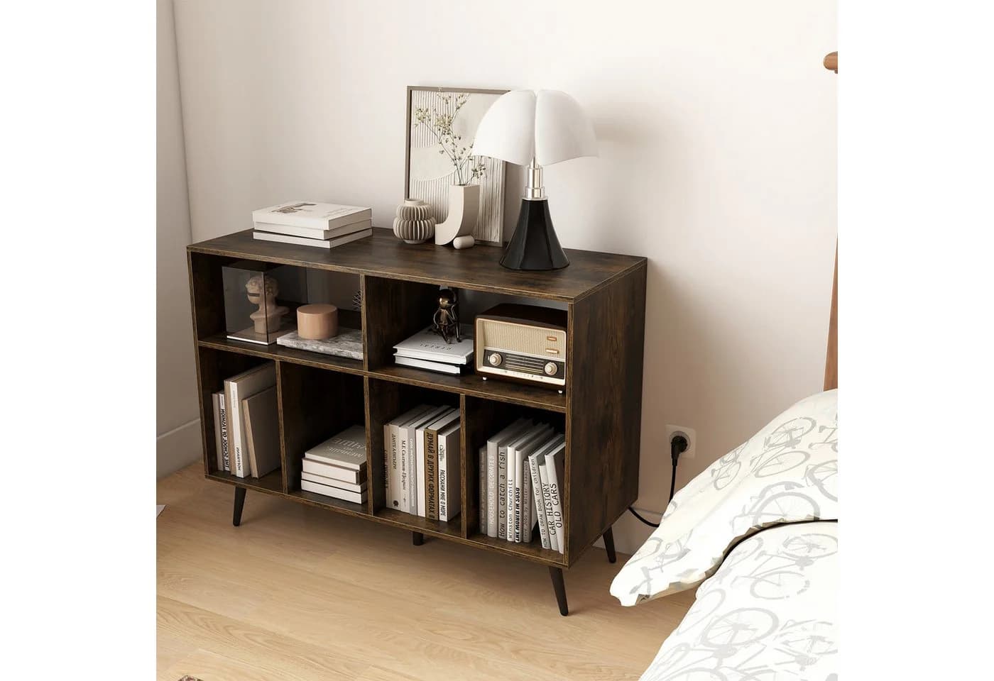 COSTWAY Sideboard Plattenspielerständer mit Ladestation Rustikal Braun