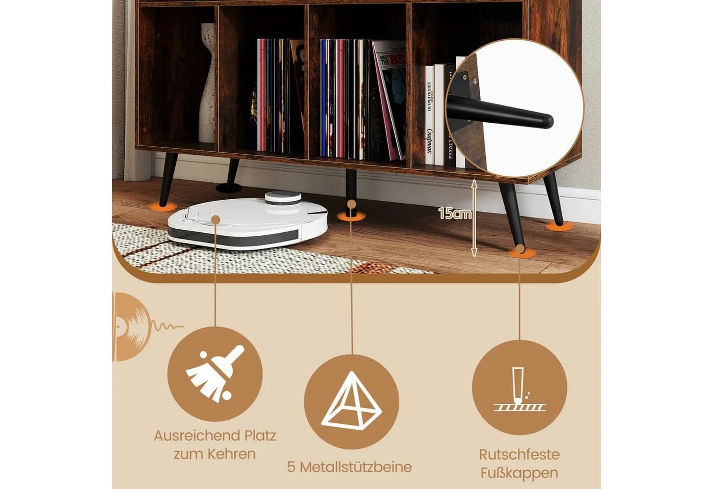 COSTWAY Sideboard Plattenspielerständer mit Ladestation Rustikal Braun - Bild 5