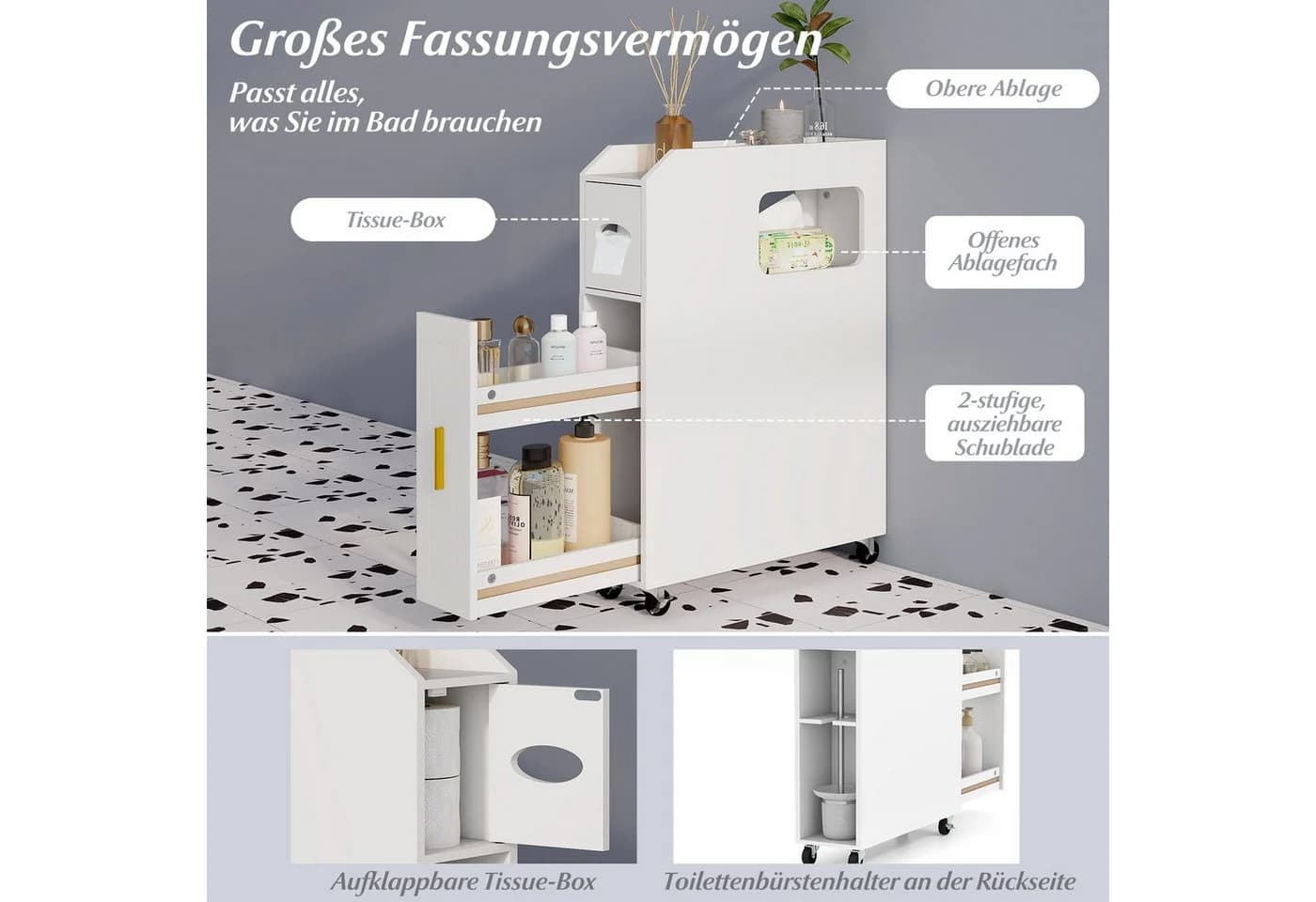 COSTWAY Badkommode Nischenschrank schmal mit Schublade auf Rollen - Bild 3