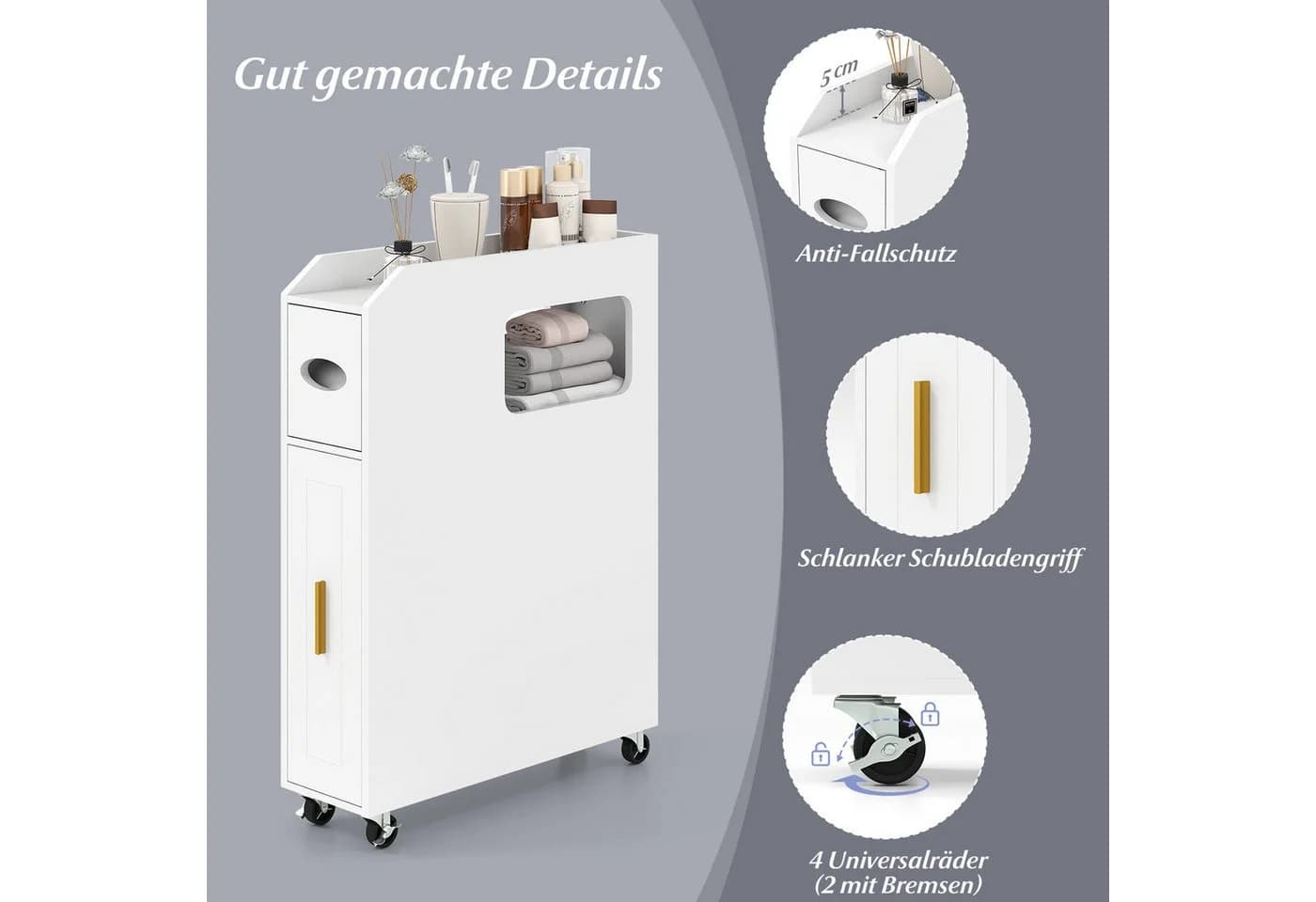 COSTWAY Badkommode Nischenschrank schmal mit Schublade auf Rollen - Bild 5