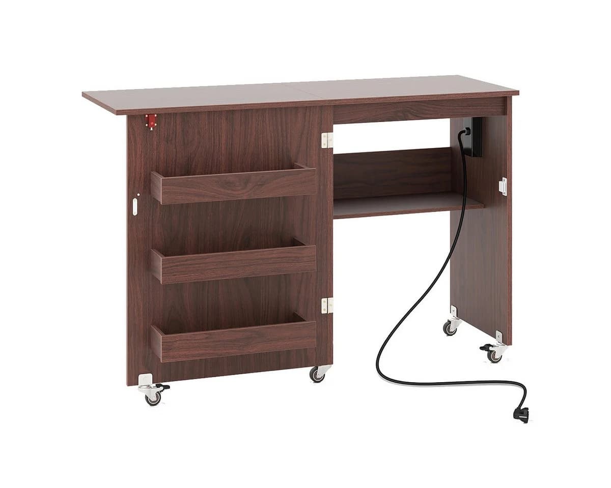 COSTWAY Schreibtisch 2 in 1 Nähtisch klappbar mit Ladestation Rollen Rustikal Braun - Bild 2