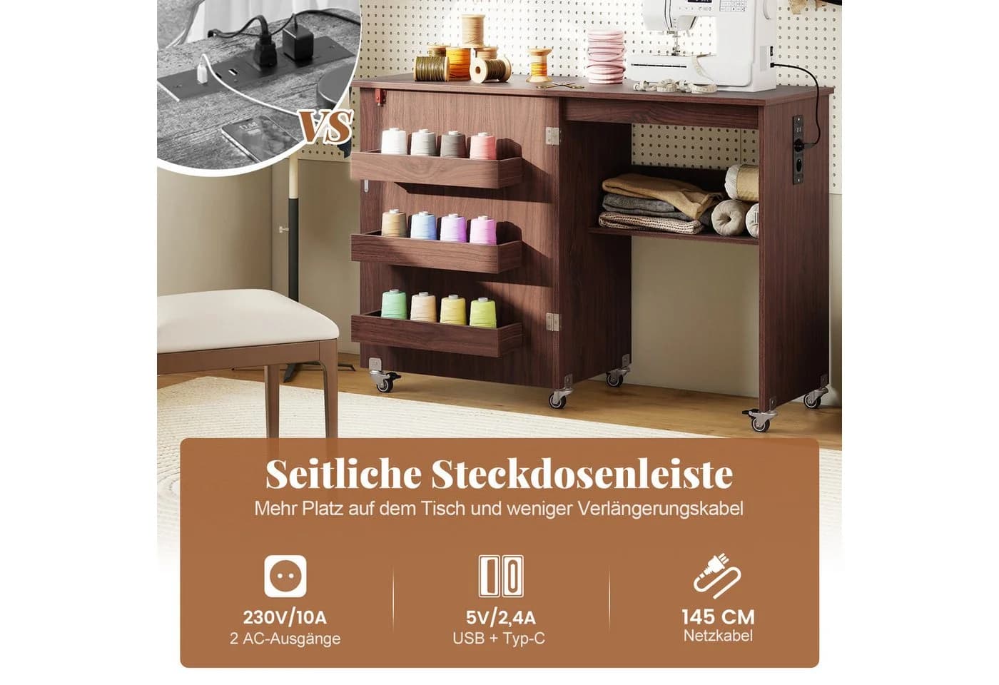 COSTWAY Schreibtisch 2 in 1 Nähtisch klappbar mit Ladestation Rollen Rustikal Braun - Bild 3
