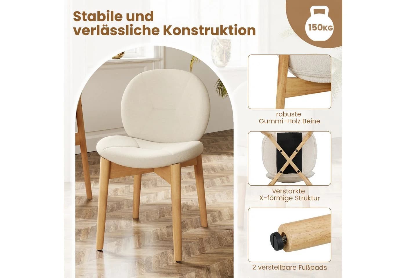 COSTWAY Esszimmerstuhl 2er Set Weiß Bouclé - Bild 5