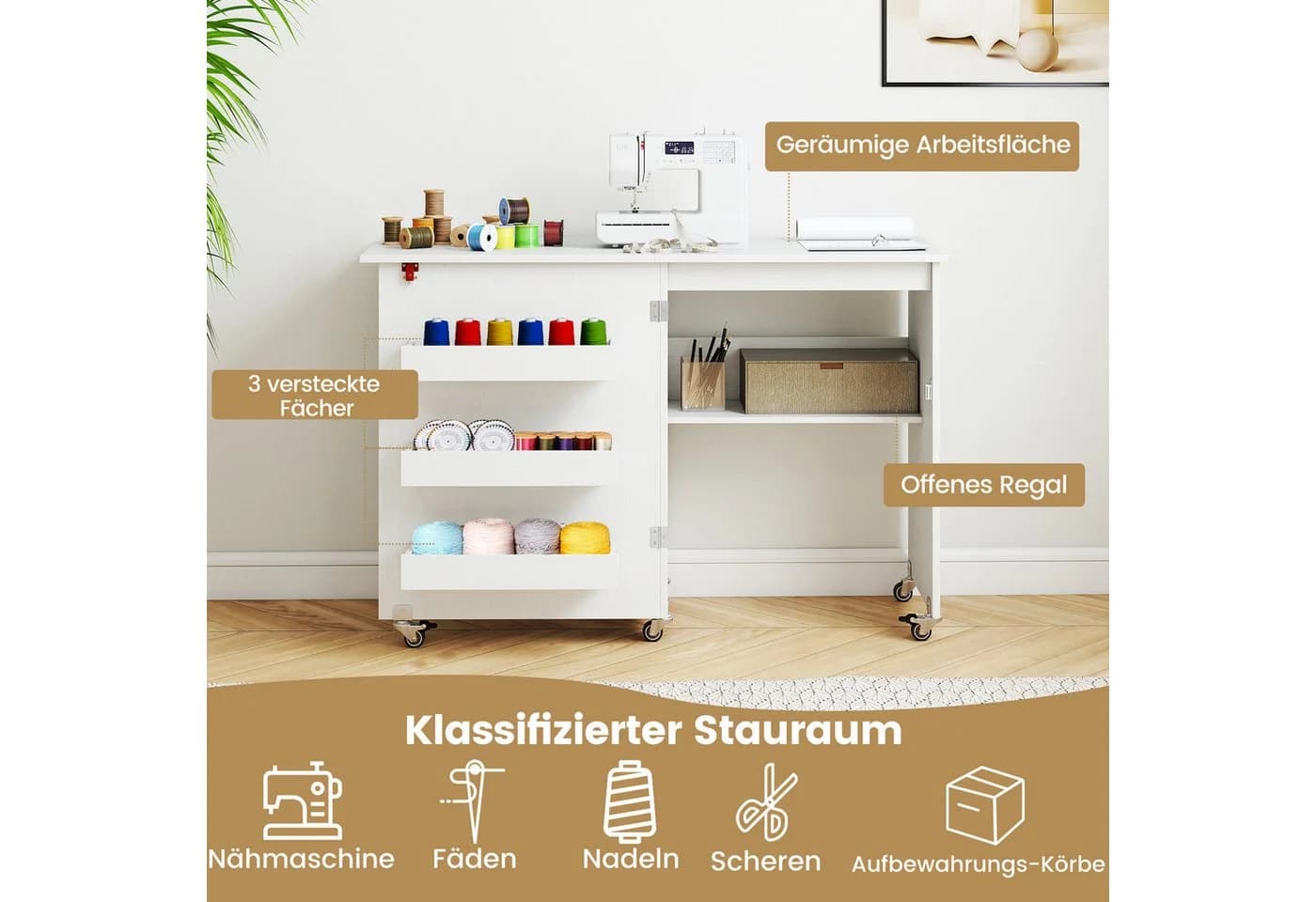 COSTWAY Nähtisch Klappbar Holz Braun