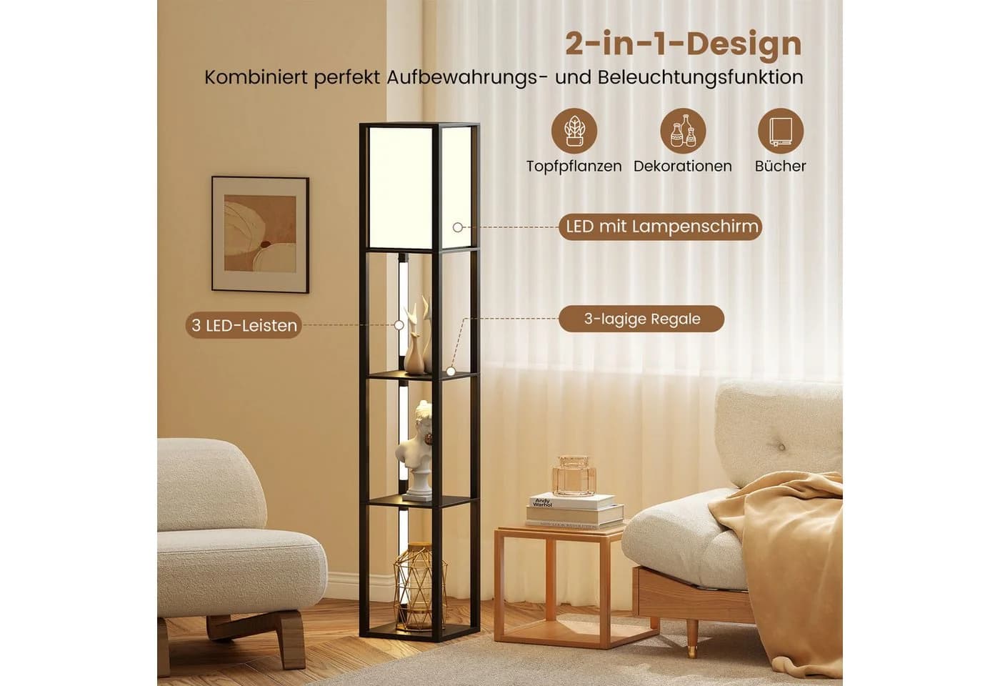 COSTWAY Stehlampe mit 3-stufig einstellbaren LED-Streifen und Fußschalter - Bild 4