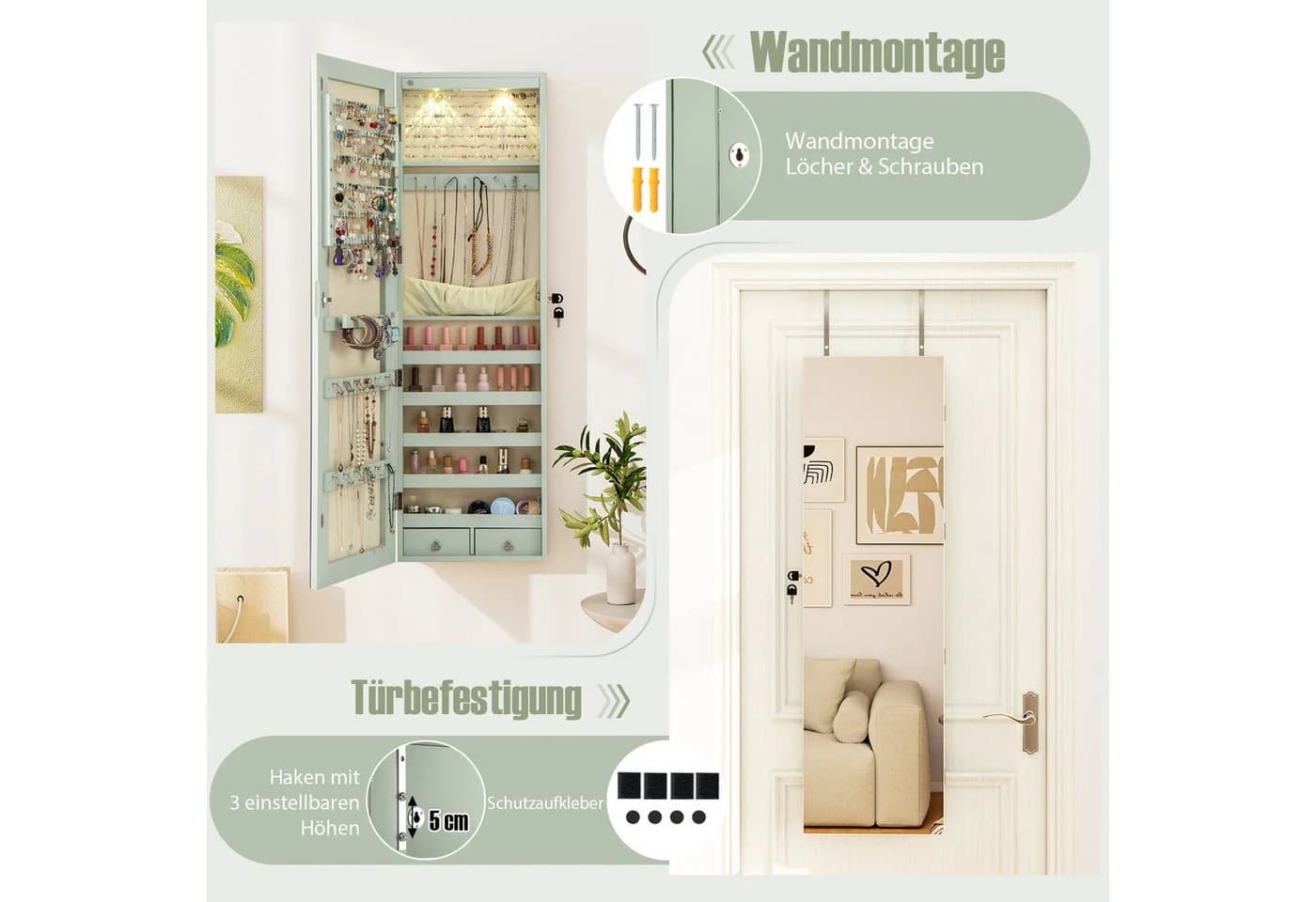 COSTWAY Schmuckschrank mit LED & Spiegel abschließbar