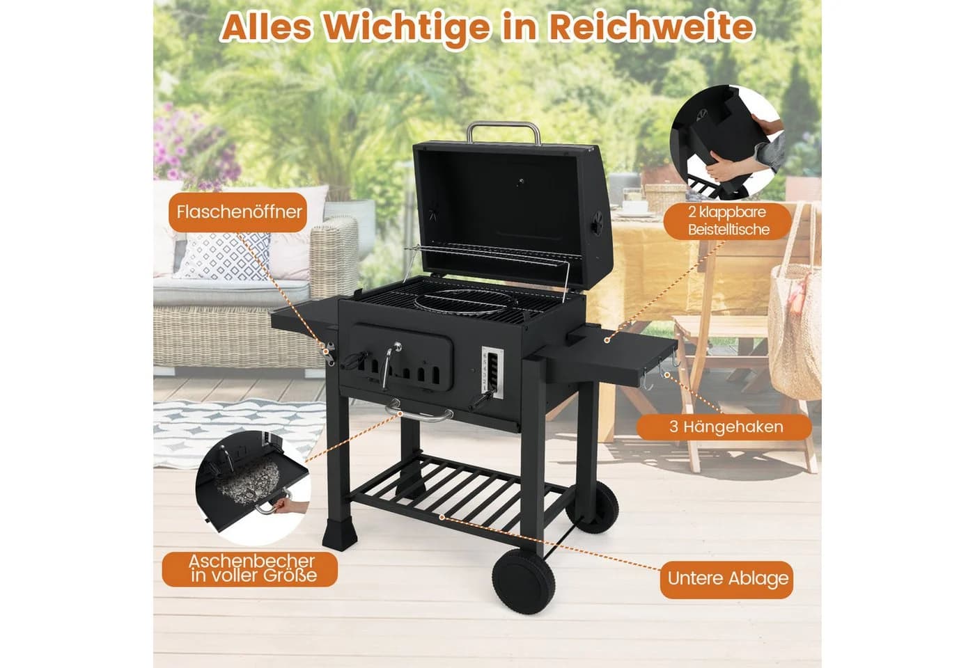 COSTWAY Holzkohlegrill XXL Grillwagen Edelstahl Schwarz mit Rollen