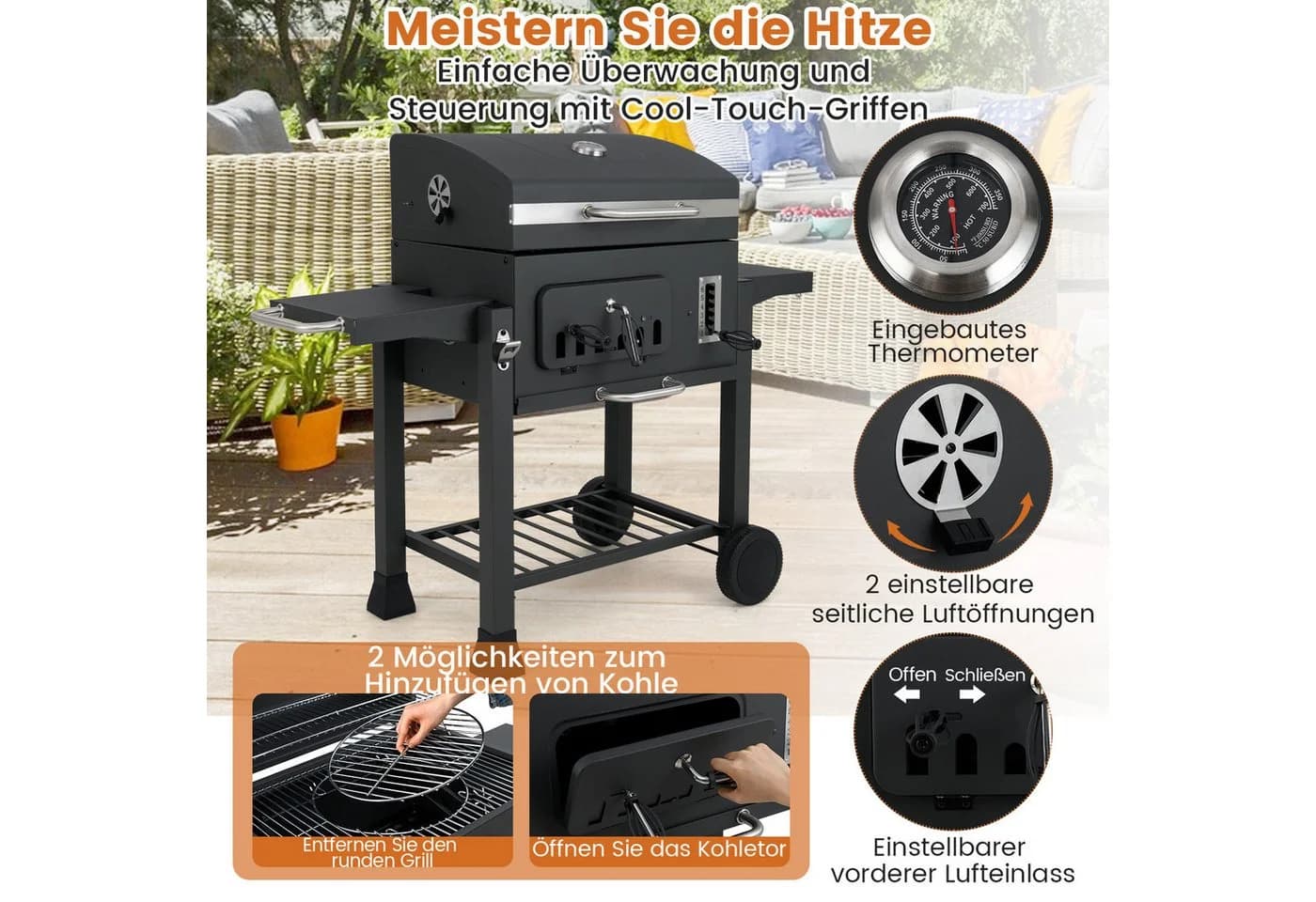 COSTWAY Holzkohlegrill XXL Grillwagen Edelstahl Schwarz mit Rollen - Bild 4