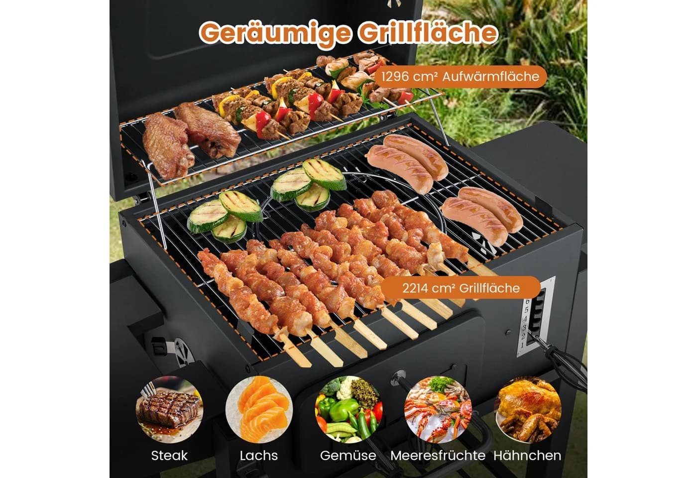 COSTWAY Holzkohlegrill XXL Grillwagen Edelstahl Schwarz mit Rollen - Bild 5