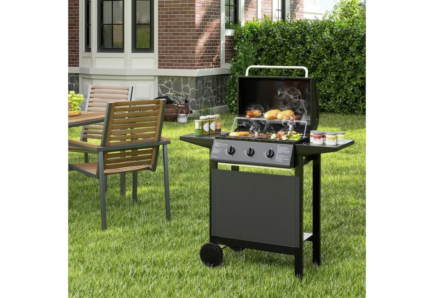 COSTWAY Gasgrill Grillwagen 3 Brenner Schwarz