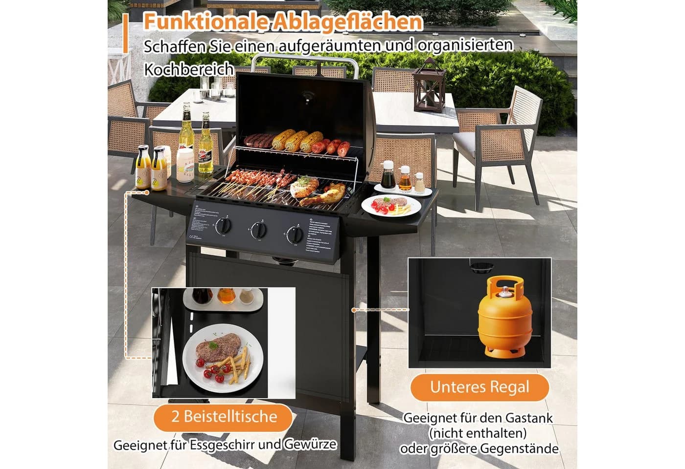 COSTWAY Gasgrill Grillwagen 3 Brenner Schwarz - Bild 4