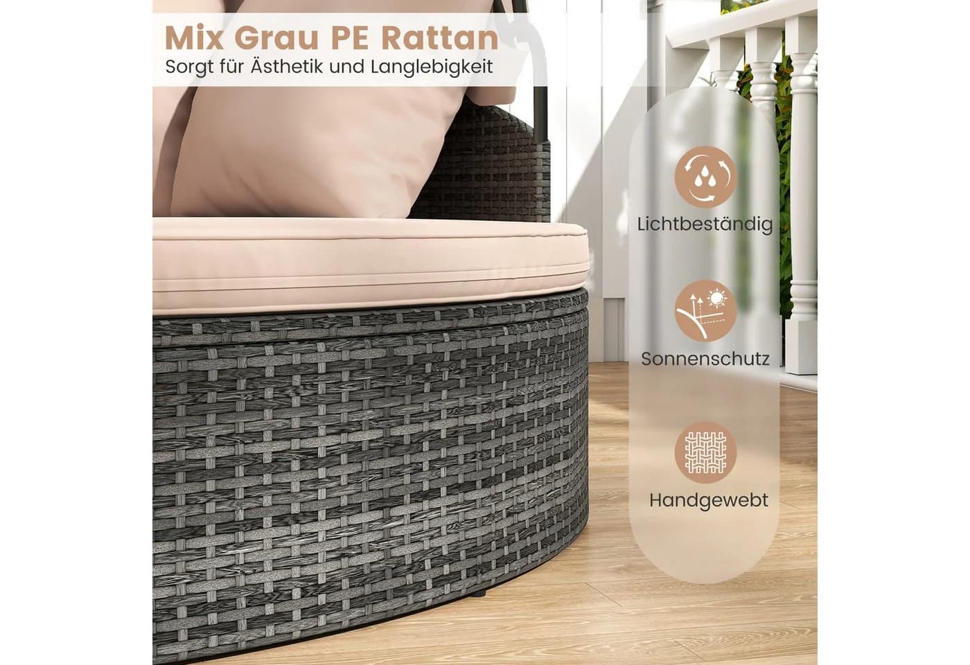 COSTWAY Sonneninsel Rattan mit Vordach und Kissen Beige - Bild 4